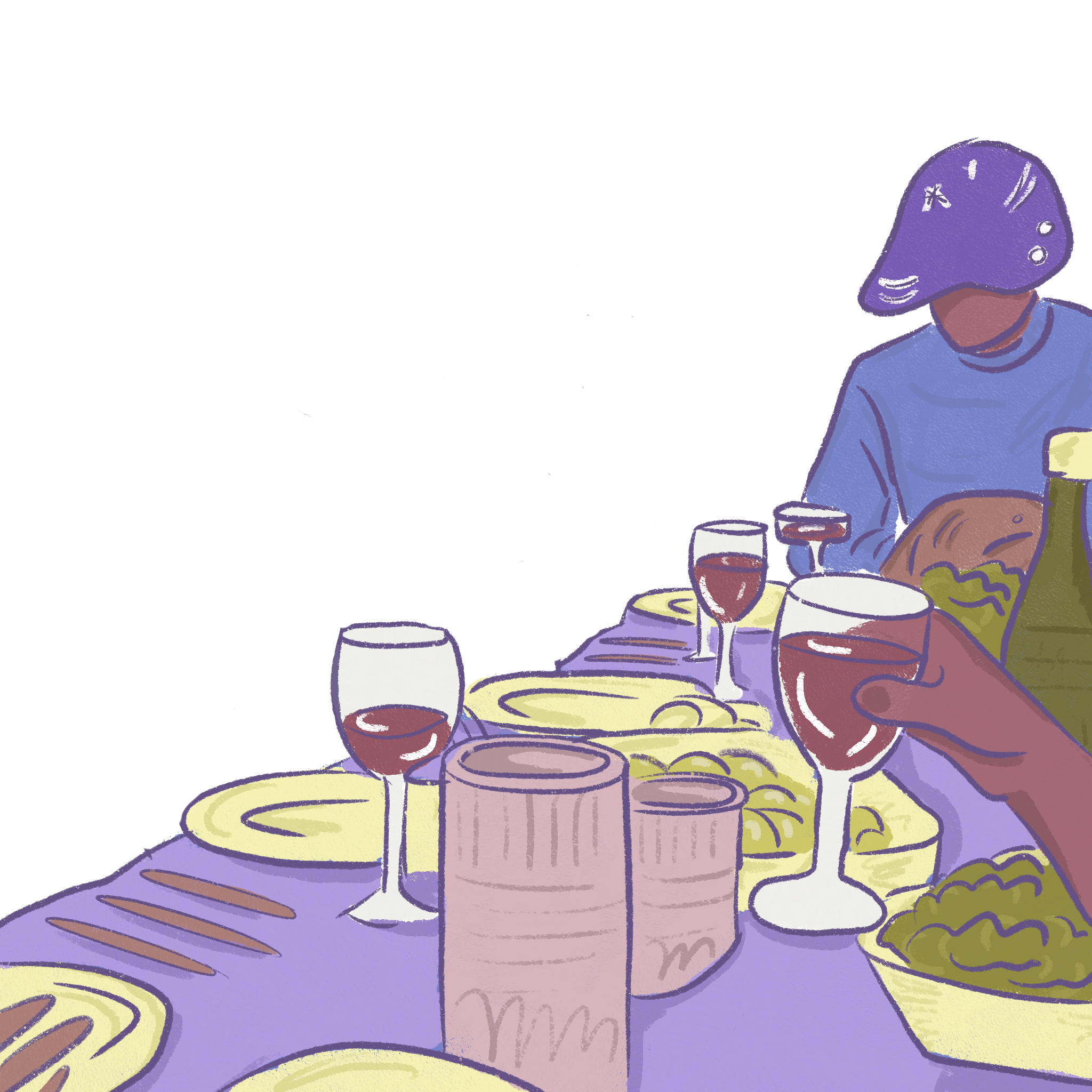 An illustration of a person in a mushroom hat sitting at a long dining room table. With a hand from a corner holding a cup of a red drink.