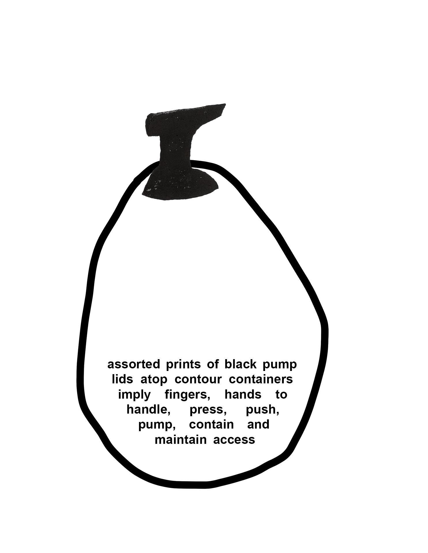 A black and white print of a pear shaped container with a pump lid on top. Text inside reads, "assorted prints of black pump lids atop contour containers imply fingers, hands to handle, press, push, pump, contain and maintain access ".