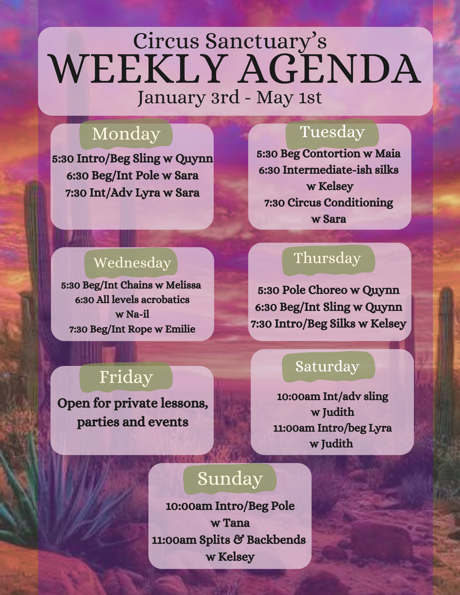 Weekly schedule of Circus Sanctuary from January 3rd to May 1st, listing daily classes and events such as acrobatics, pole dancing, and conditioning sessions with designated instructors against a sunset background with desert plants.