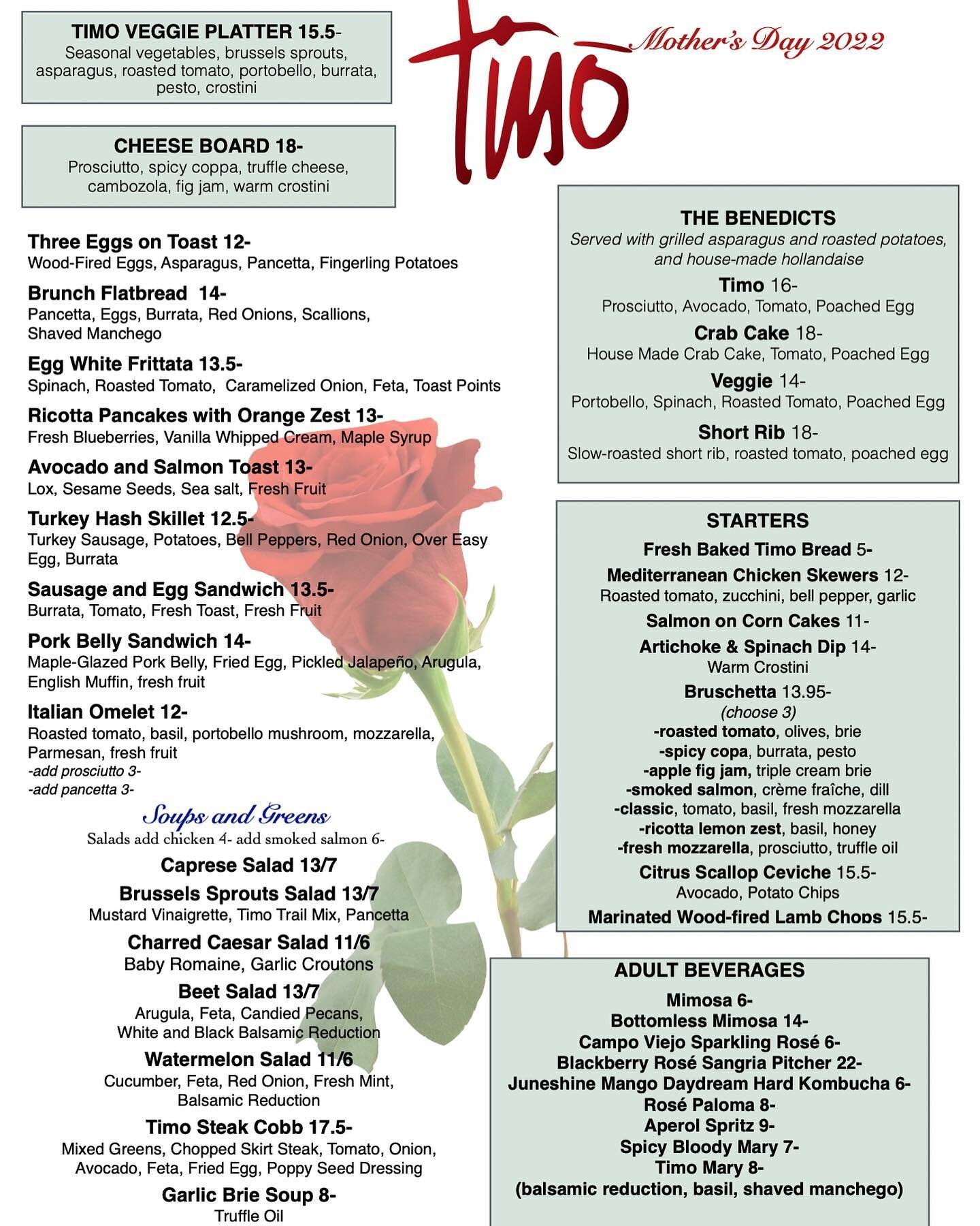 Mother&rsquo;s Day is one week away! Get your reservations in for brunch at Timo. Space is limited! Mother&rsquo;s Day brunch served from 9:30am - 2:30pm 💐 call 602-354-3846 or go to timocentral.com for reservations 🥂