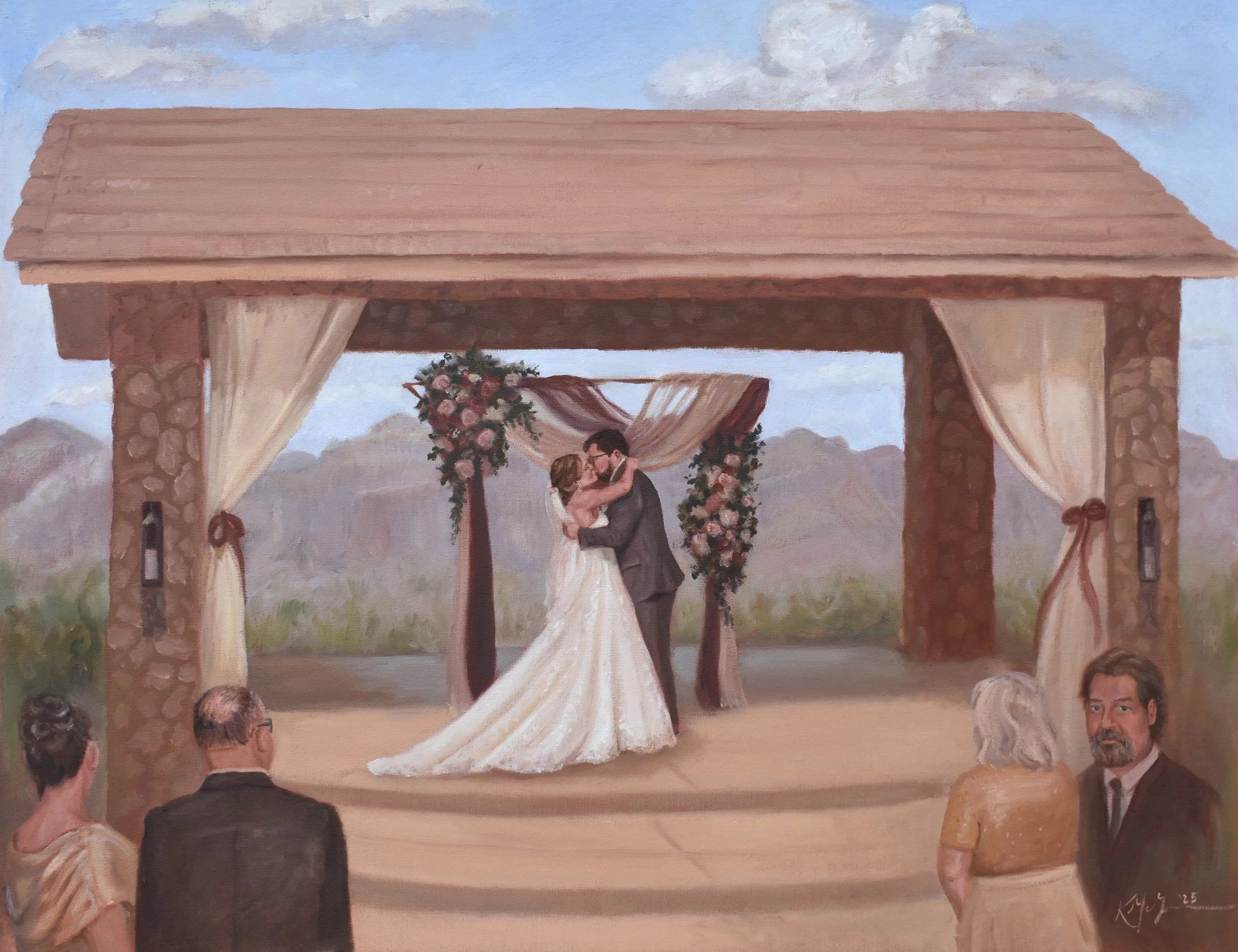 22x28 in. | Live Wedding Painting, First Kiss
|
Amanda & Zeke wanted a first kiss ceremony painting in front of the beautiful superstition mountains. Amanda arranged with me to surprise Zeke by including his late father in the painting. We also ended