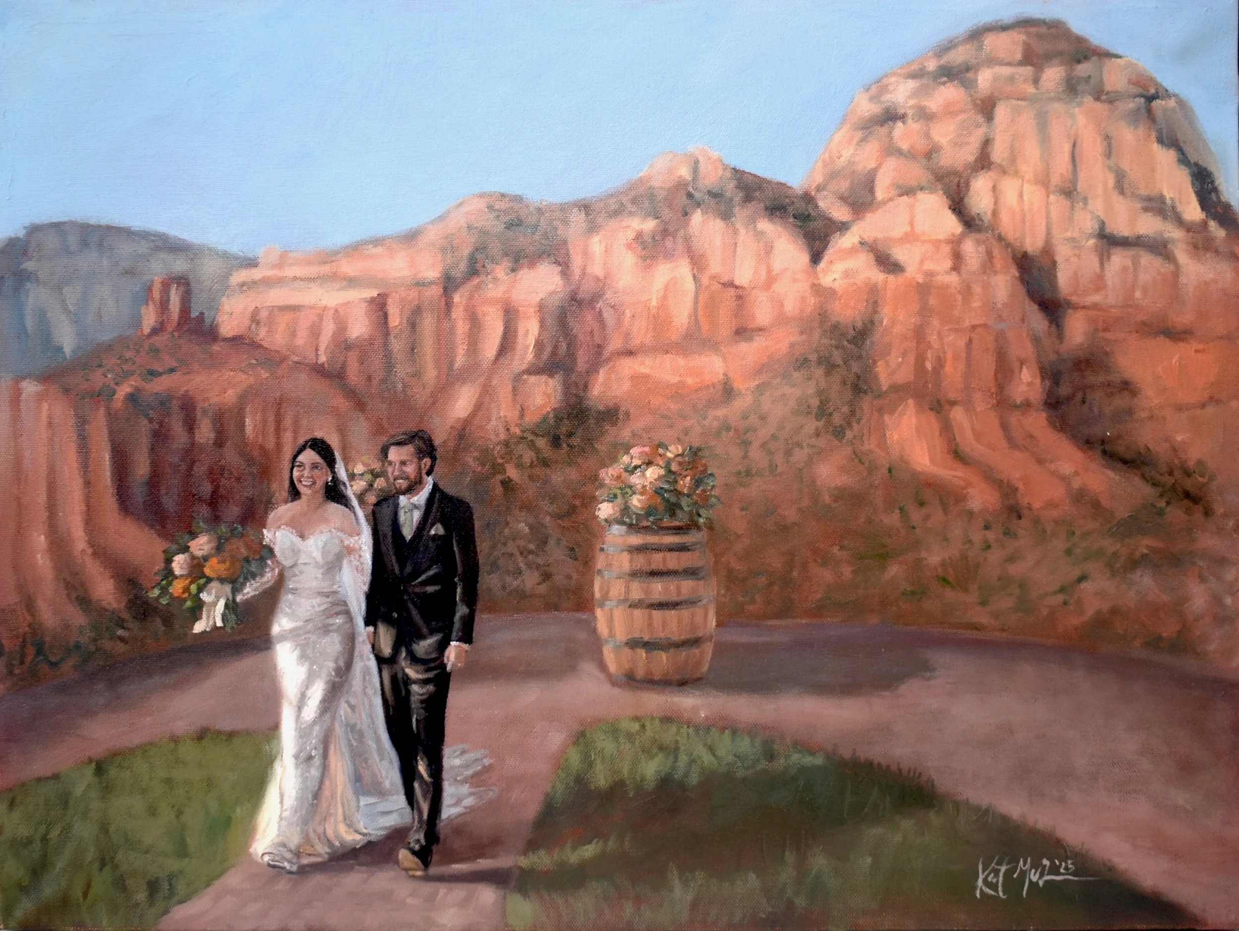 18x24 in. (size now only offered vertical)| Live Wedding Painting, Aisle Exit
|
Mia & Sean wanted a painting of them walking back down the aisle after tying the knot. A focus on the red rocks at Sky Ranch Lodge and on them as a couple. They wanted to