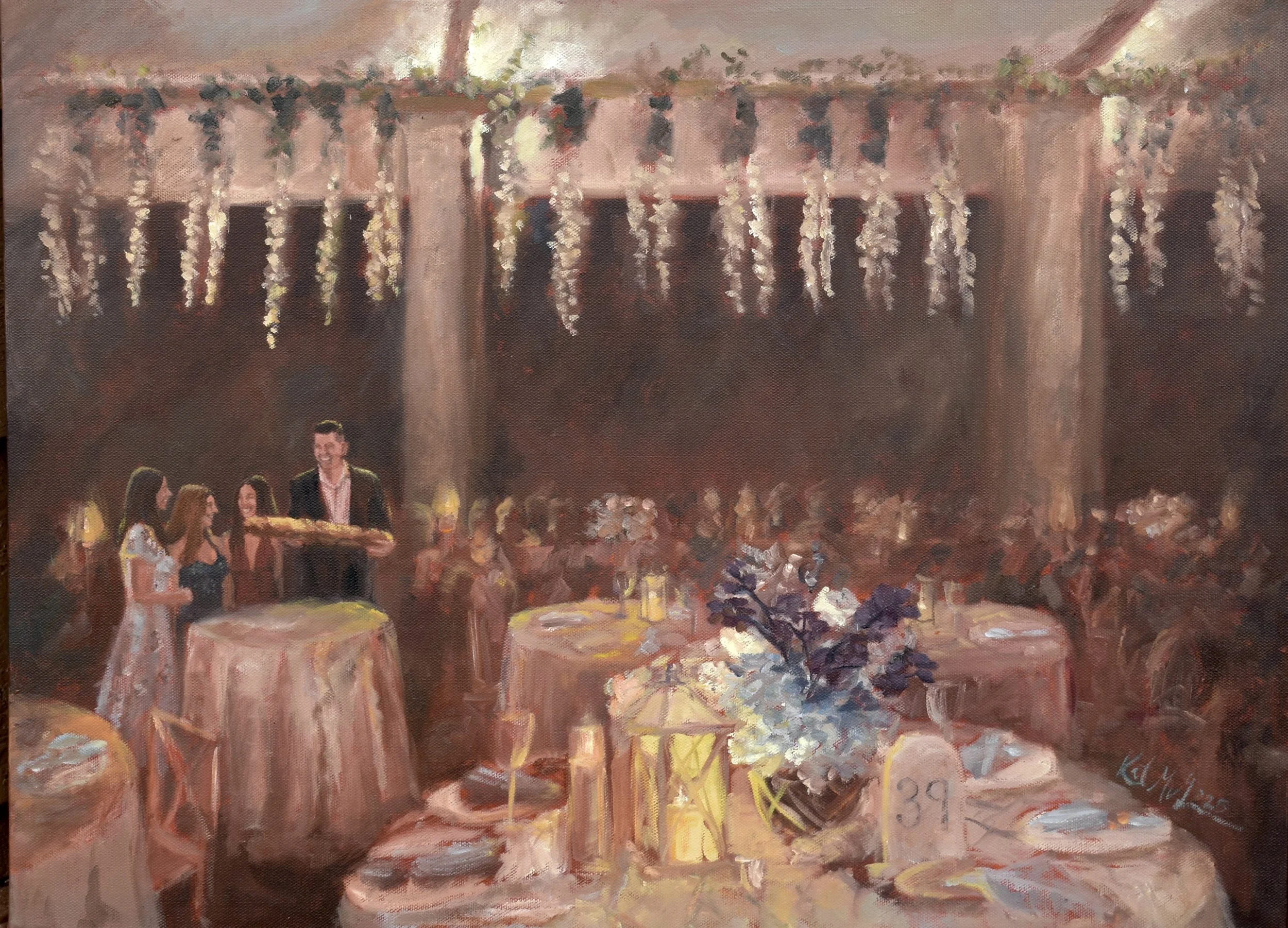 18x24 in. (size now only offered as an add on to guest portraits) | Live Event Painting, Challah Blessing
|
Sasha & Rodney wanted a live painting made of the Challah Blessing during their daughter's Bat Mitzvah. They asked for the 4 of them to be pai
