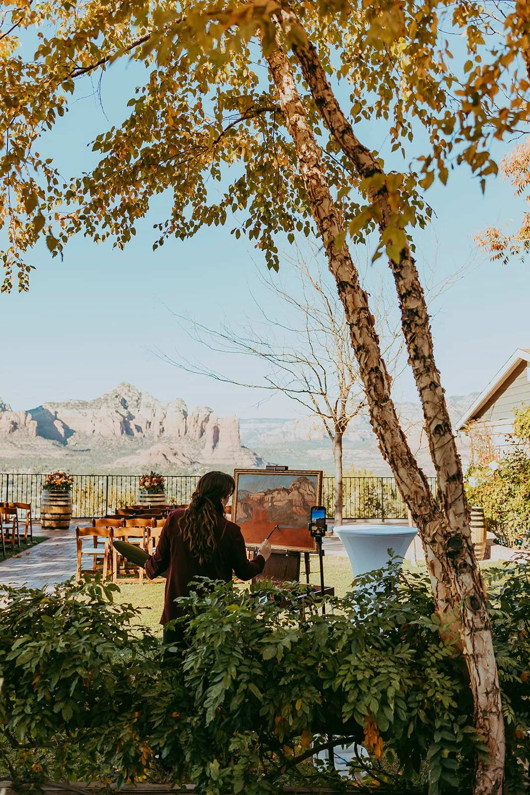 Live Painting at Sky Ranch Lodge in Sedona, AZ | 18x24 inch canvas, size only offered as an add on to guest portraits | photo by White Desert Photography