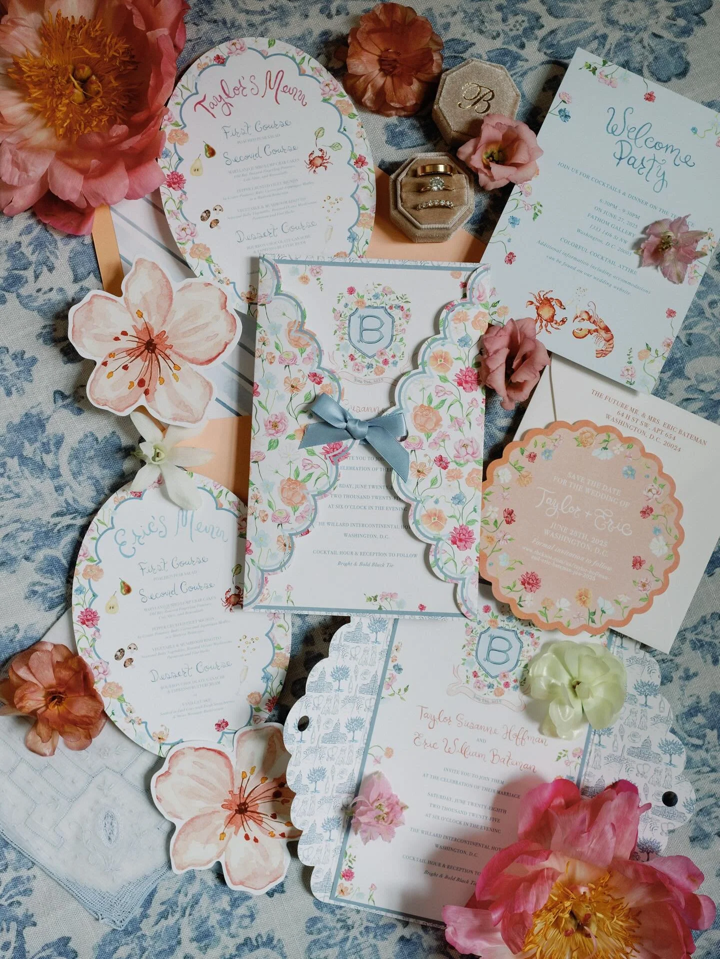 An invite suite so special she needed her own debut 🌸🎀 Watercolor blooms, scalloped edges, cherry blossom die-cuts, &amp; a monogram carried throughout the entire celebration &mdash; plus a custom toile that hid champagne toasts, ice cream dates, p