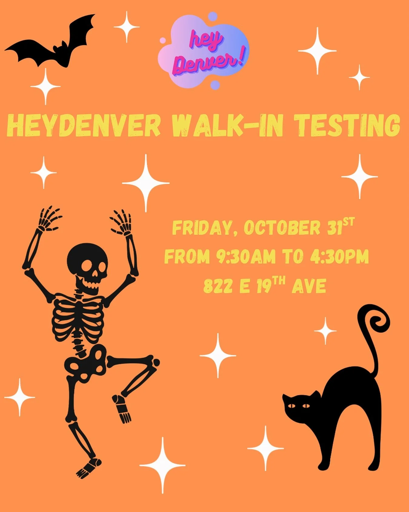 Treat yourself and get tested! Free walk-in testing at HeyDenver on Friday, October 31st from 9:30am to 4:30pm. No appointment needed. 🎃🍬🕸️🕷️#denver #sti #halloween #lgbtq