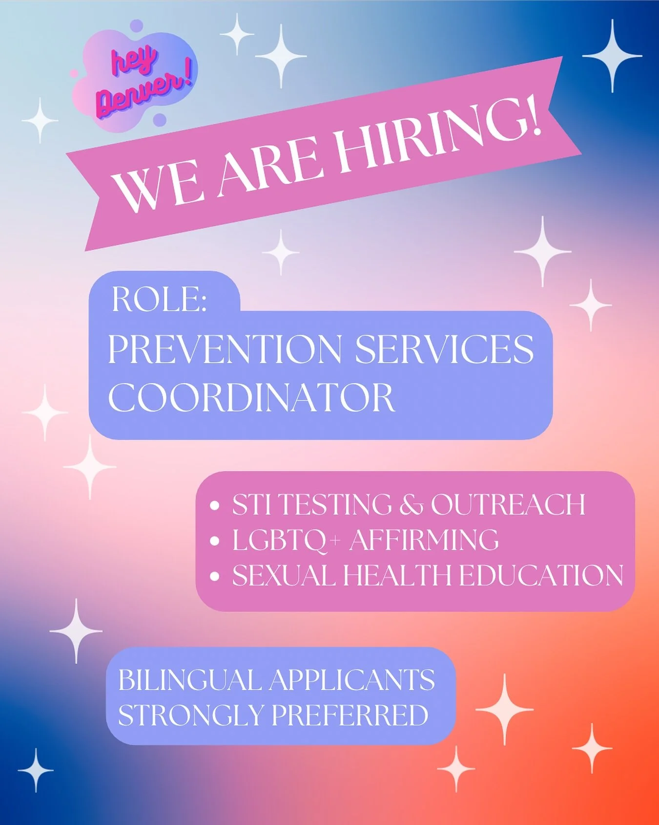 HeyDenver is accepting applications for a new Prevention Services Coordinator. Bilingual applicants are strongly preferred. If you&rsquo;d like to apply, the application page is linked in our bio! 🏳️&zwj;🌈🏳️&zwj;⚧️💖 #sti #sexualhealth #hiring #de