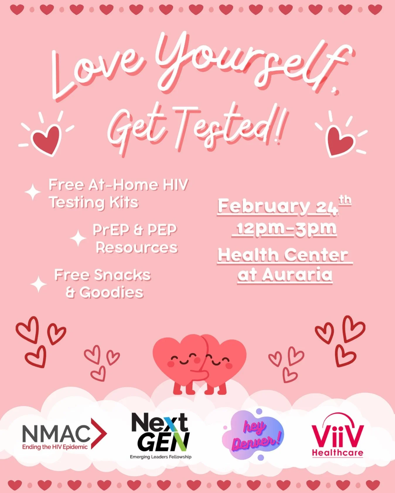 Join HeyDenver at the Health Center at Auraria for the Love Yourself, Get Tested! event 💖

In partnership with @nmachiv and @viivhealthcare we&rsquo;re providing:
- ✨Free at-home HIV testing kits
- 💕PrEP &amp; PEP resources
- 🌹Free goodies and sna