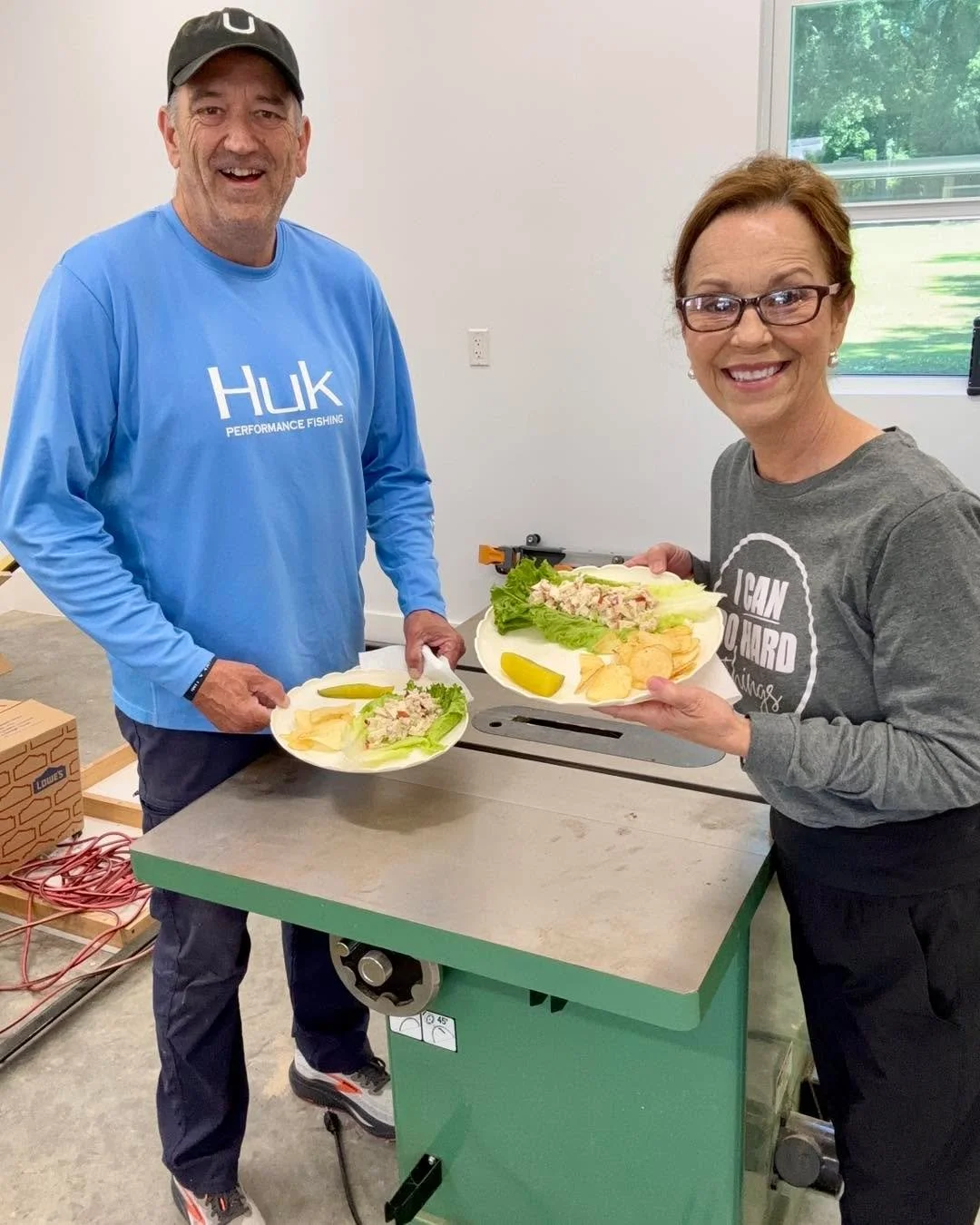 D has been working hard organizing his workshop today&mdash;getting everything just right.

He took a little break and enjoyed our favorite tuna salad&hellip; right on his beloved table saw ❤️