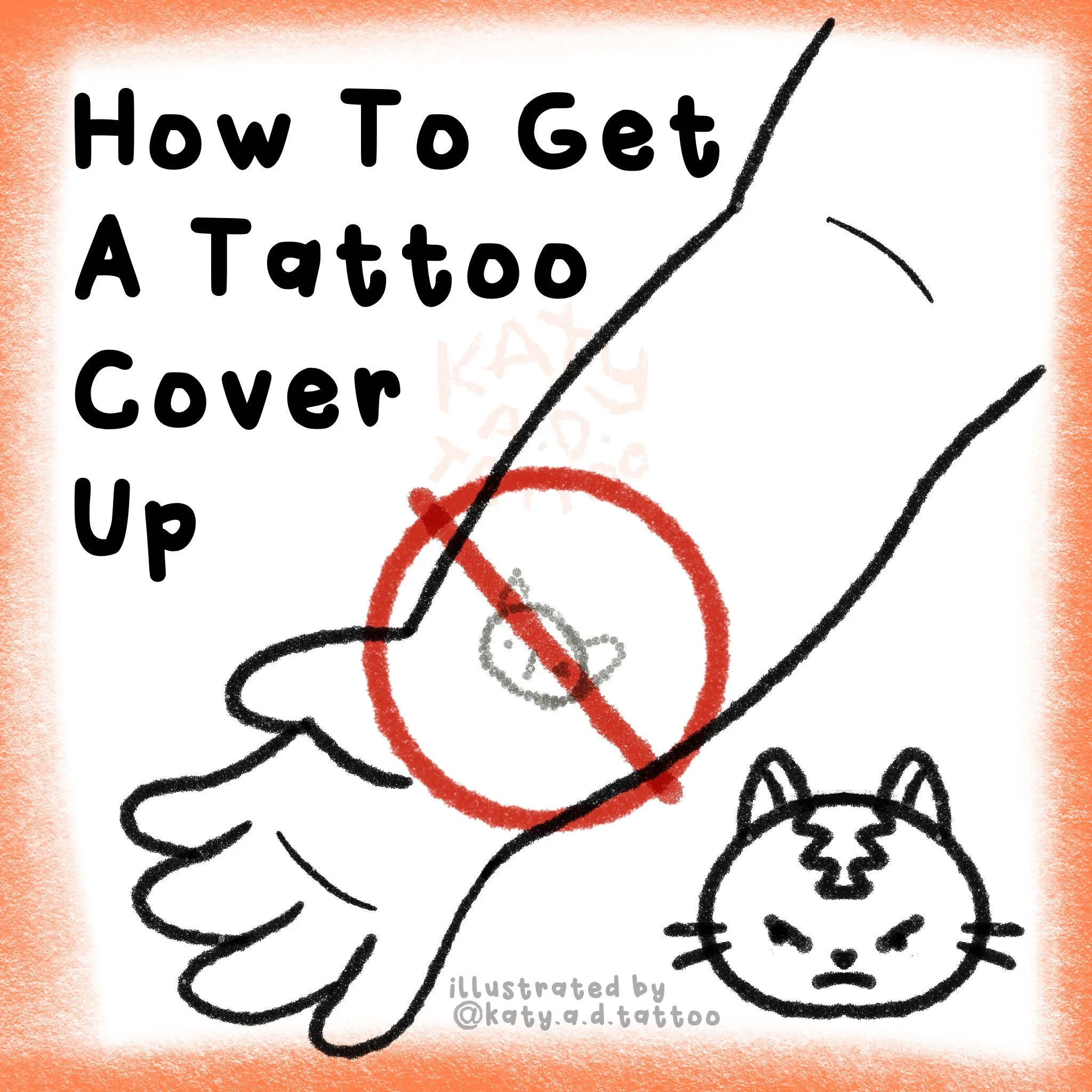How To Get A Tattoo Coverup, An Arm Illustration with a faded cat tattoo, an angry cat looks on at the tattoo, by Katy A.D. a Philadelphia Licensed Tattoo Artist