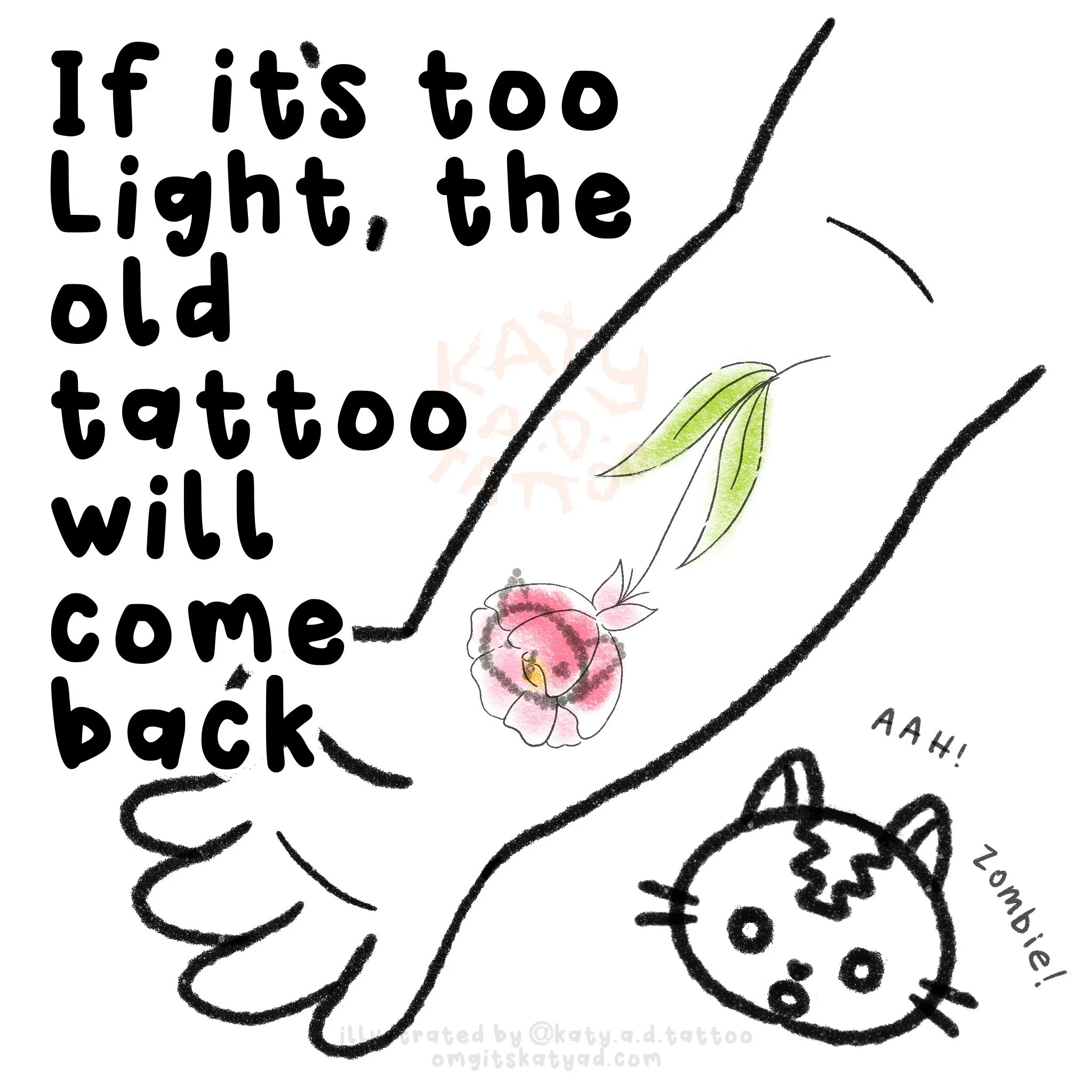 How To Get A Tattoo Coverup, An Arm Illustration with a faded cat tattoo, an angry cat looks at the tattoo, a fine line pastel flower cover-up tattoo, by Katy A.D. a Philadelphia Licensed Tattoo Artist
