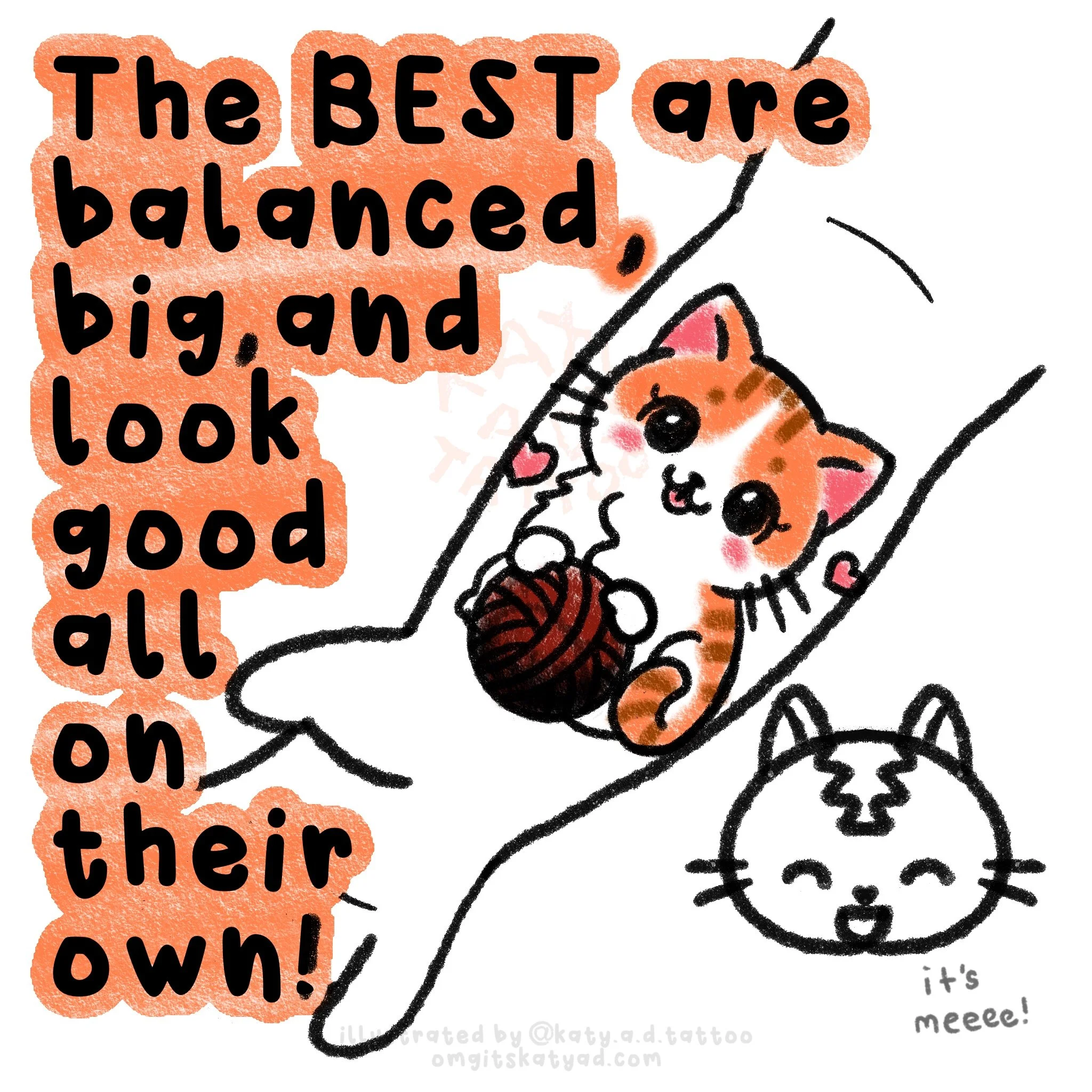 How To Get A Tattoo Coverup, An Arm Illustration with a faded cat tattoo, a happy cat looks at the tattoo, a cute cat and yarn cover-up tattoo, by Katy A.D. a Philadelphia Licensed Tattoo Artist