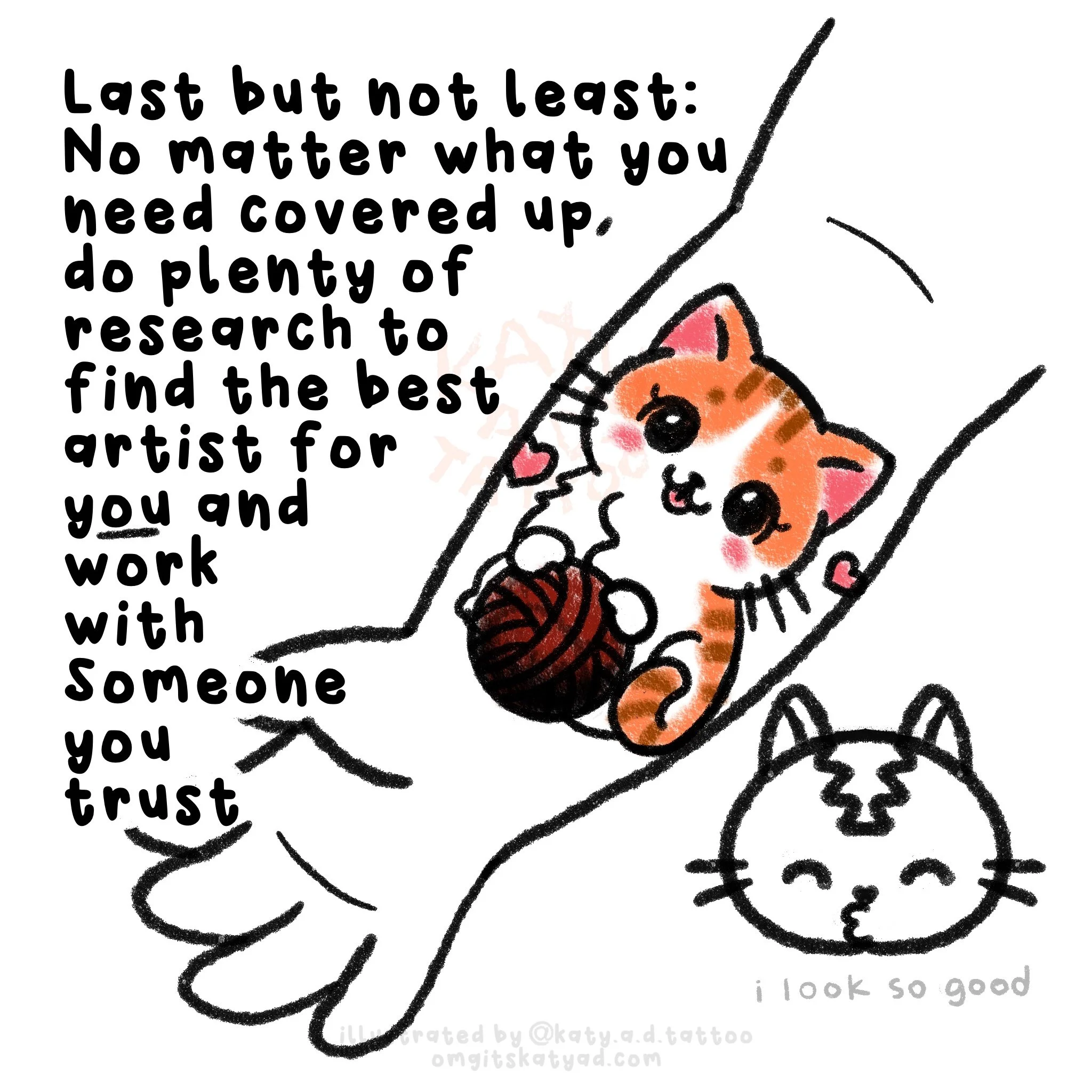 How To Get A Tattoo Coverup, An Arm Illustration with a faded cat tattoo, a happy cat looks at the tattoo, a cute cat and yarn ball cover-up tattoo, by Katy A.D. a Philadelphia Licensed Tattoo Artist