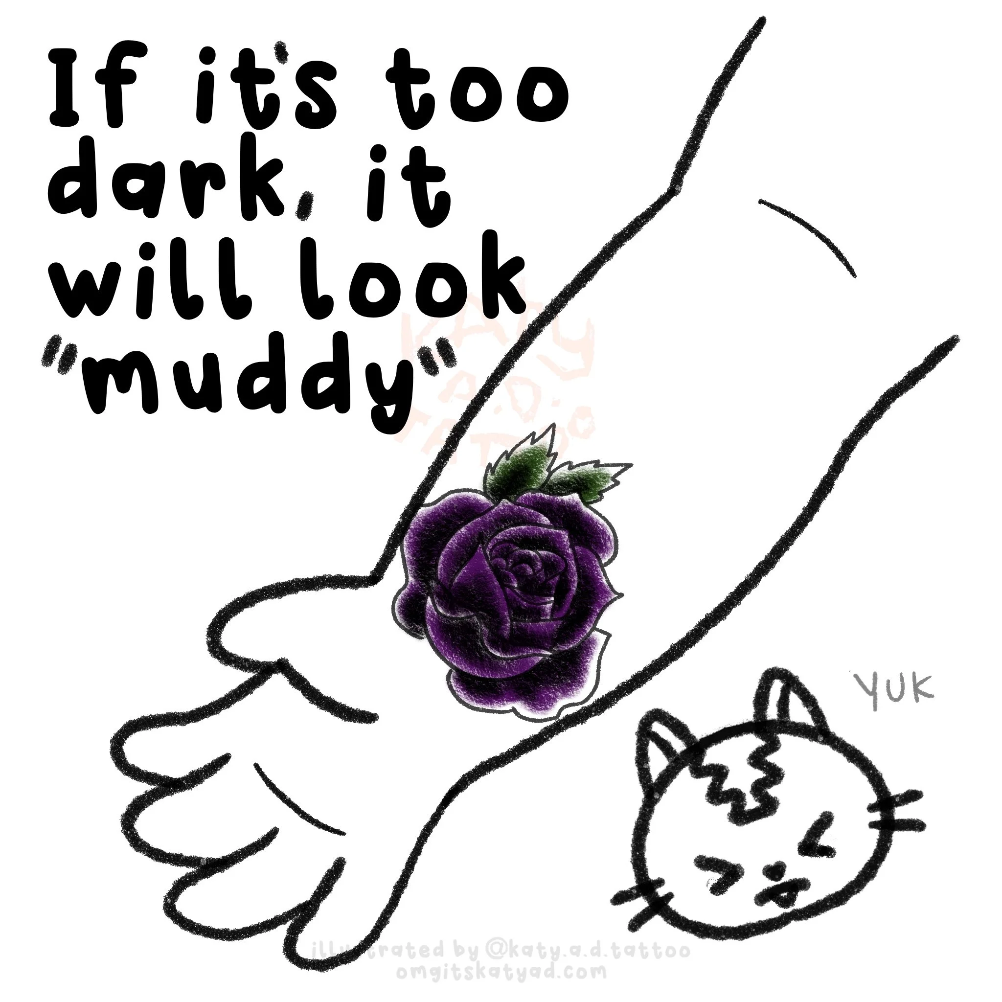 How To Get A Tattoo Coverup, An Arm Illustration with a faded cat tattoo, an angry cat looks at the tattoo, a dark purple rose cover-up tattoo, by Katy A.D. a Philadelphia Licensed Tattoo Artist