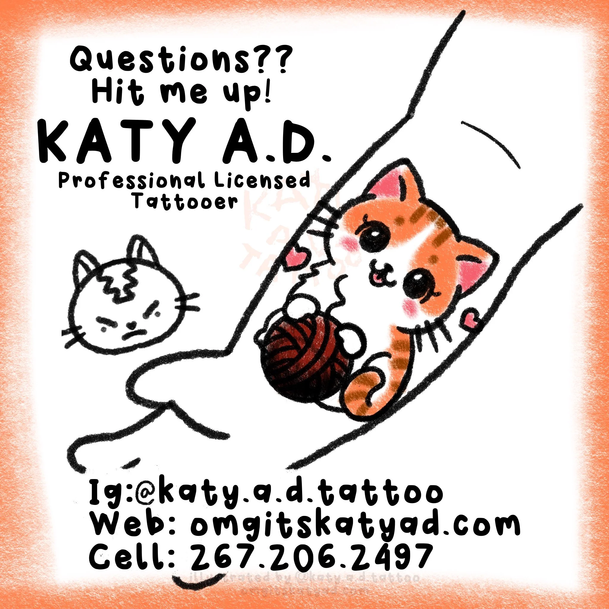 How To Get A Tattoo Coverup, An Arm Illustration with a faded cat tattoo, an angry cat looks at the tattoo, a cute cat and yarn cover-up tattoo, by Katy A.D. a Philadelphia Licensed Tattoo Artist