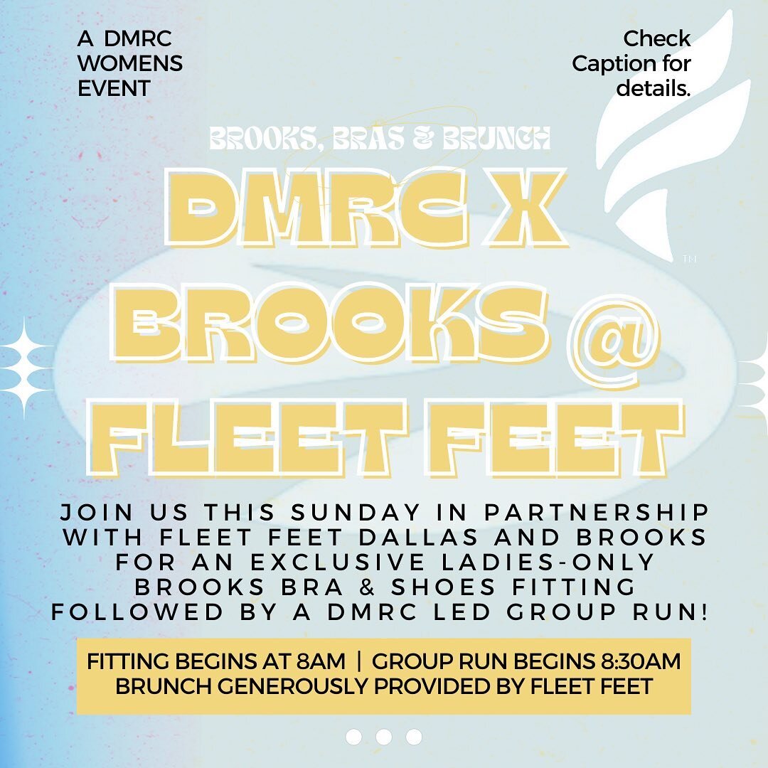 SUNDAY join the ladies of DMRC at Fleet Feet Dallas (5400 E Mockingbird Ln #114, Dallas, TX 75206) from 8AM - 10AM for an exclusive @brooksrunning bra fitting and shoe trial! 

This Sunday we will be partnering  with  FLEET FEET DALLAS for a women&rs