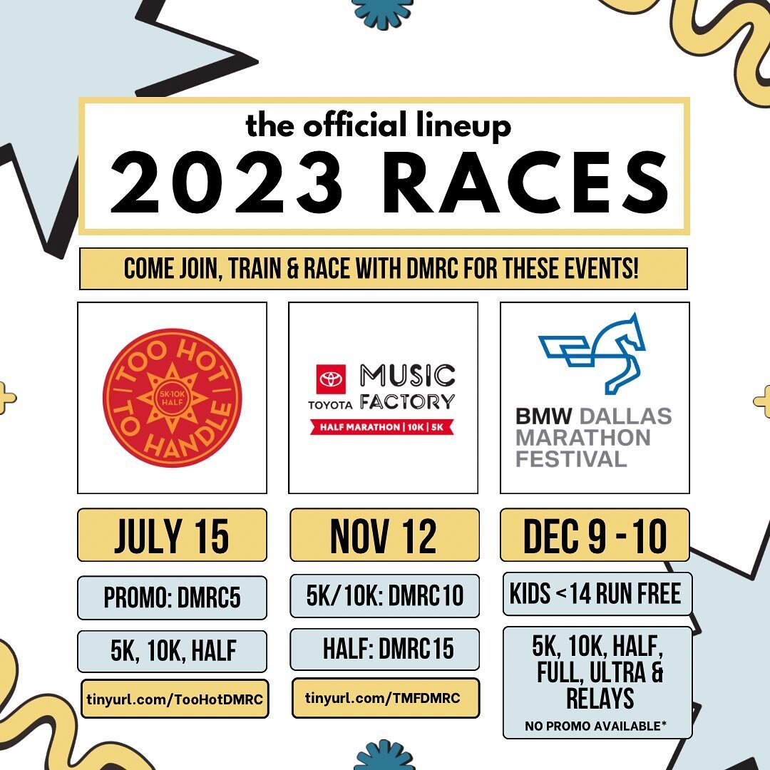 🚨Team Race Schedule🚨

BE SURE TO JOIN TEAM &ldquo;DMRC - DALLAS MUSLIM RUNNING CLUB&rdquo; when registering so we can help with your packet pick-up and have the proper order for DMRC SWAG BAGS! 

July 15th - Too Hot to Handle 5K
Promo code:  DMRC5 