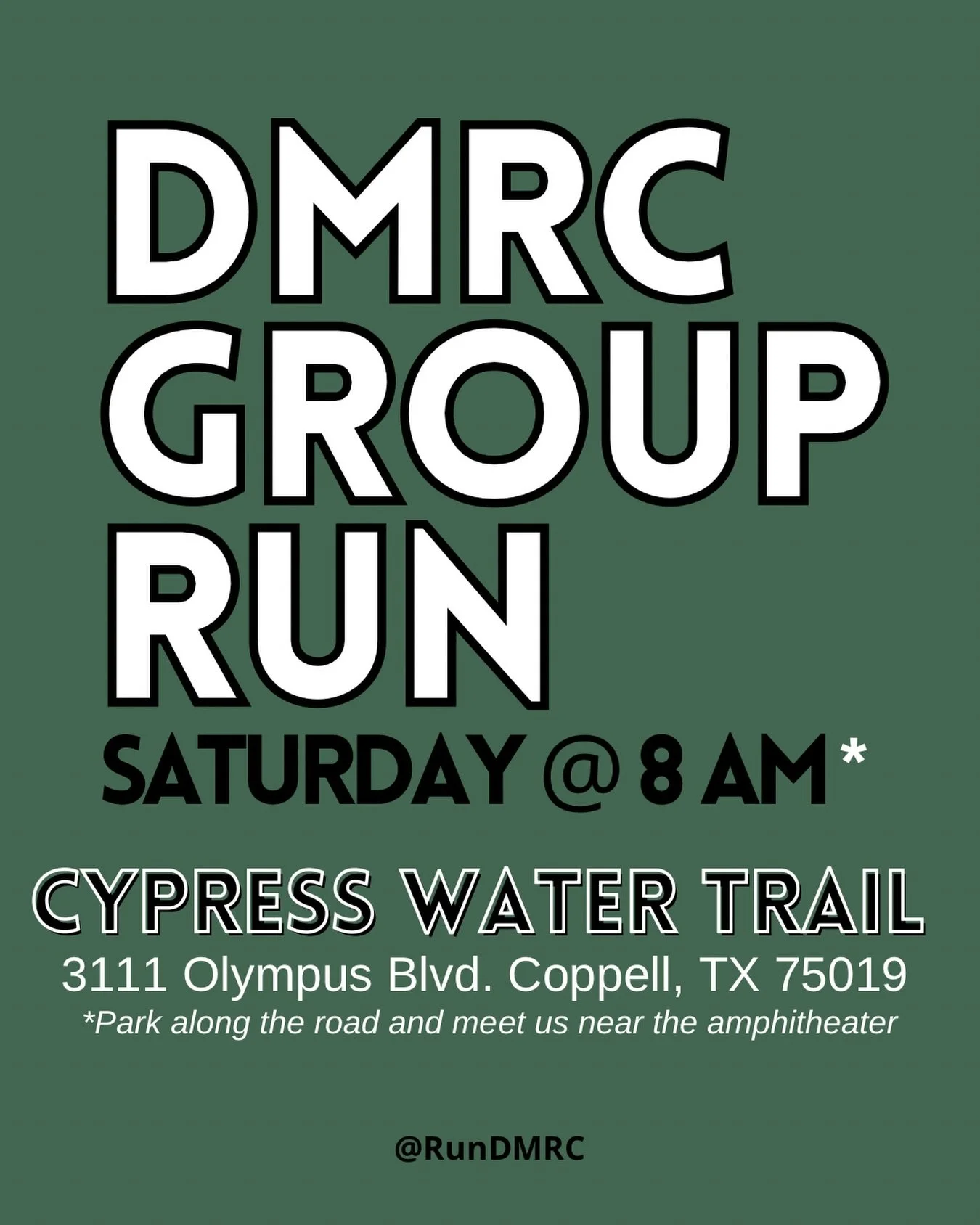 ✨DMRC Group Run 4/11✨

Salaam team! 

Please join us Saturday morning in Coppell on the Cypress Waters Trail iA! We will begin with a dynamic warm up before hitting the trail down and back. Post run brunch will be announced on site.

Time: 8:00AM
For