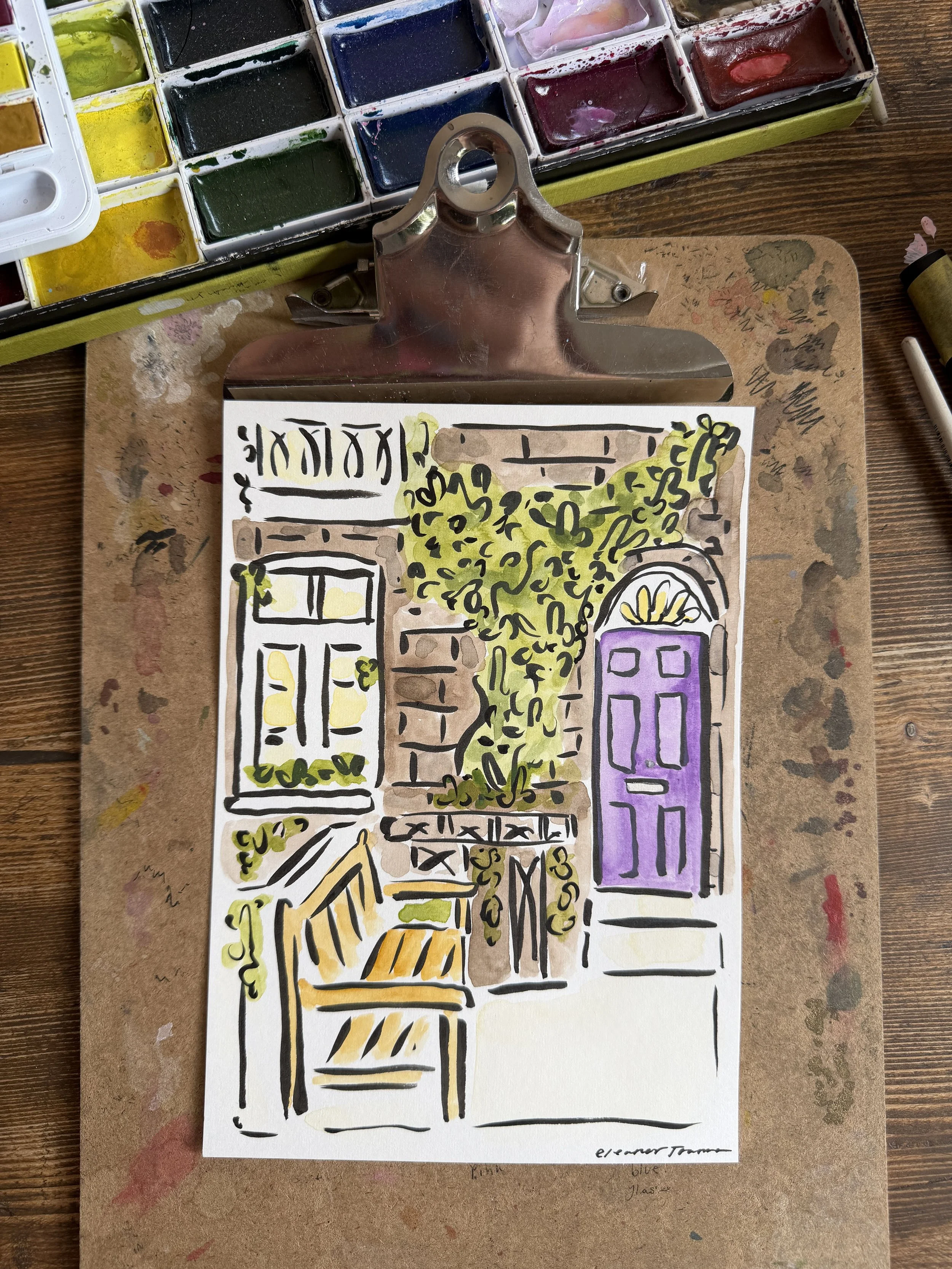House Portrait personalised bench foliage pretty london townhouse.jpg