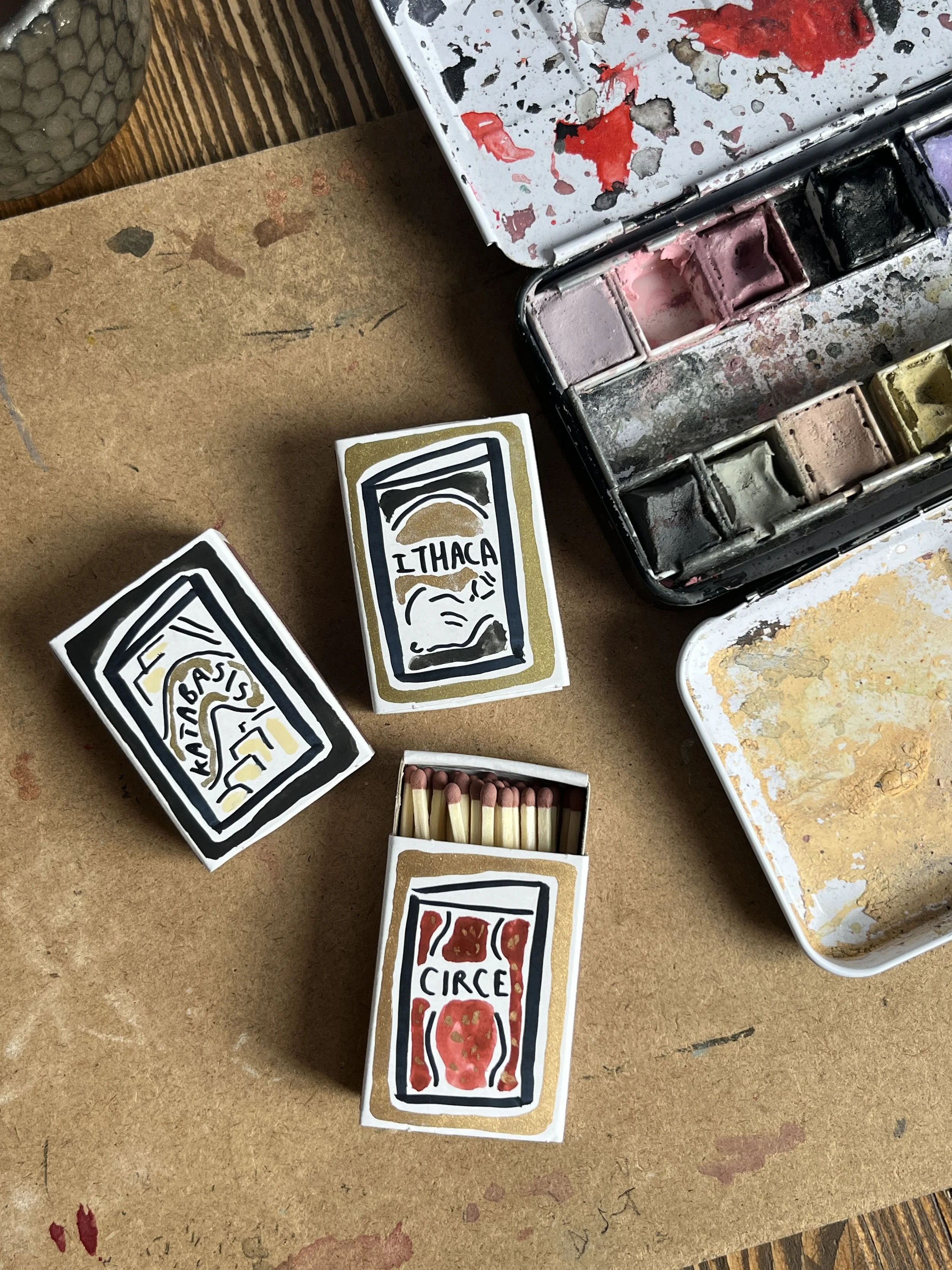 Circle, Ithaka, katabasis book covers hand painted onto mini matchboxes personalised.jpg