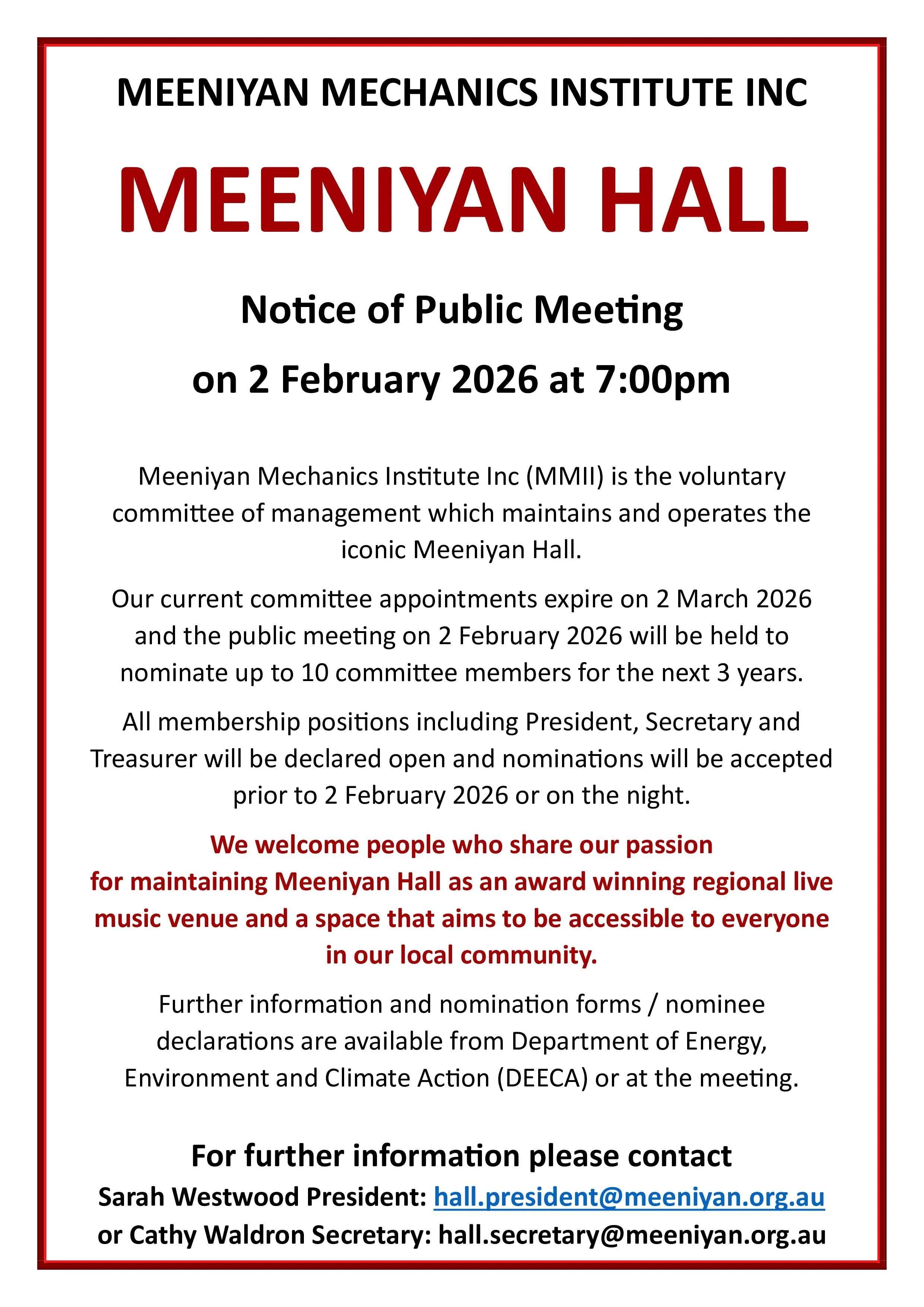 Meeniyan Hall Notice of Public Meeting