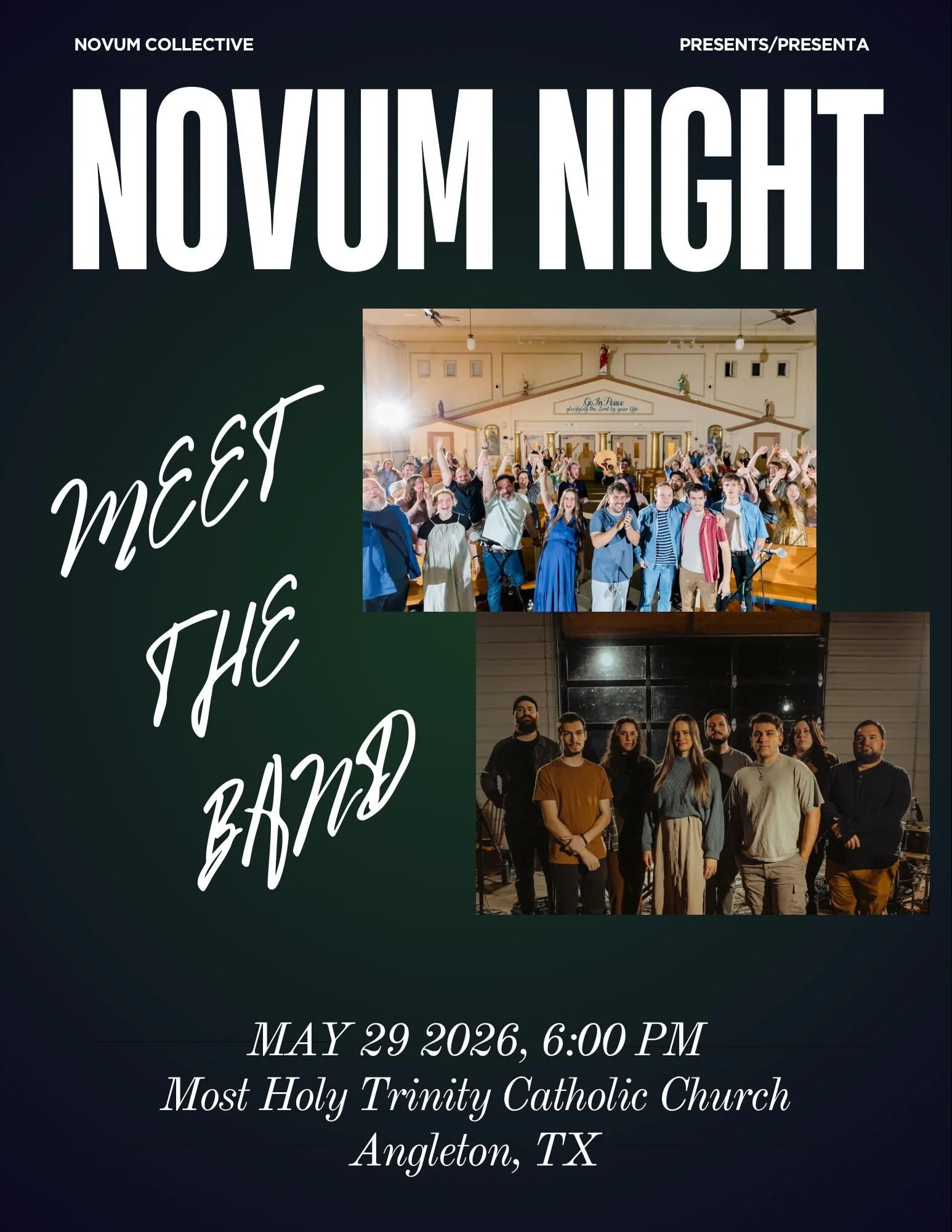 Meet the artists coming to NOVUM Night. 🕯️✨
Join us for an evening of worship, prayer, and encounter through music, testimony, and community as we gather together in faith.

📍 Most Holy Trinity Catholic Church
🗓️ May 29
⏰ 6 PM
📍 Angleton, Texas
?
