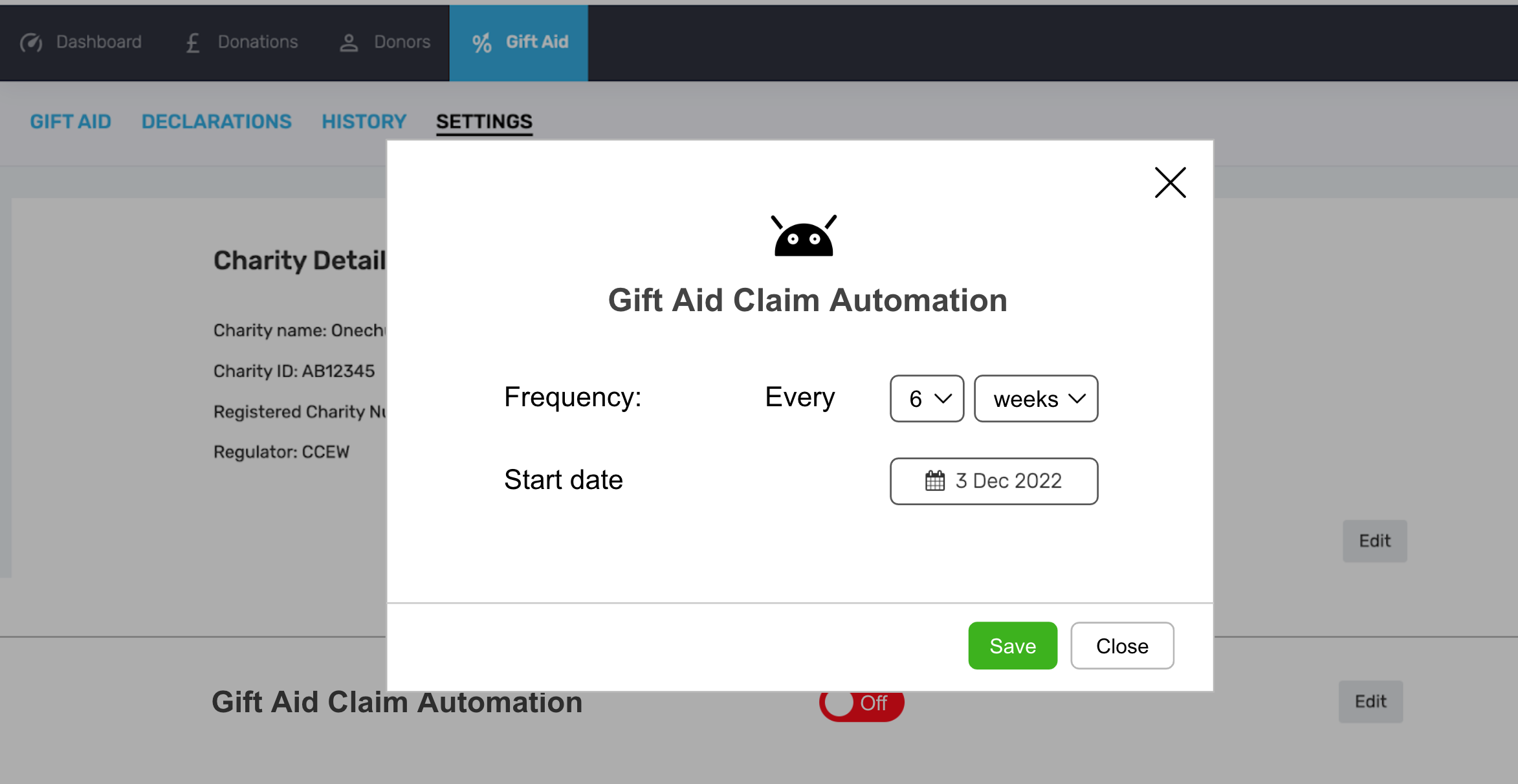 Screenshot of a digital interface showing a pop-up window titled 'Gift Aid Claim Automation' with options for setting frequency every 6 weeks starting on December 3, 2022, and buttons to save or close. The background displays a charity detail page and navigation menu.