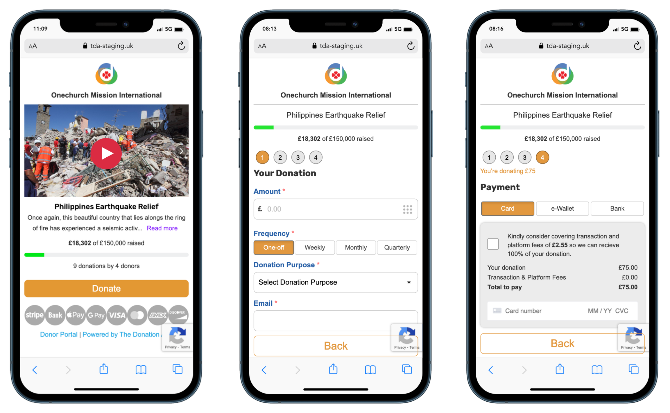 Screenshots of a donation website supporting Philippines Earthquake Relief, showing a photo of earthquake destruction, donation progress, and a payment form on a smartphone.