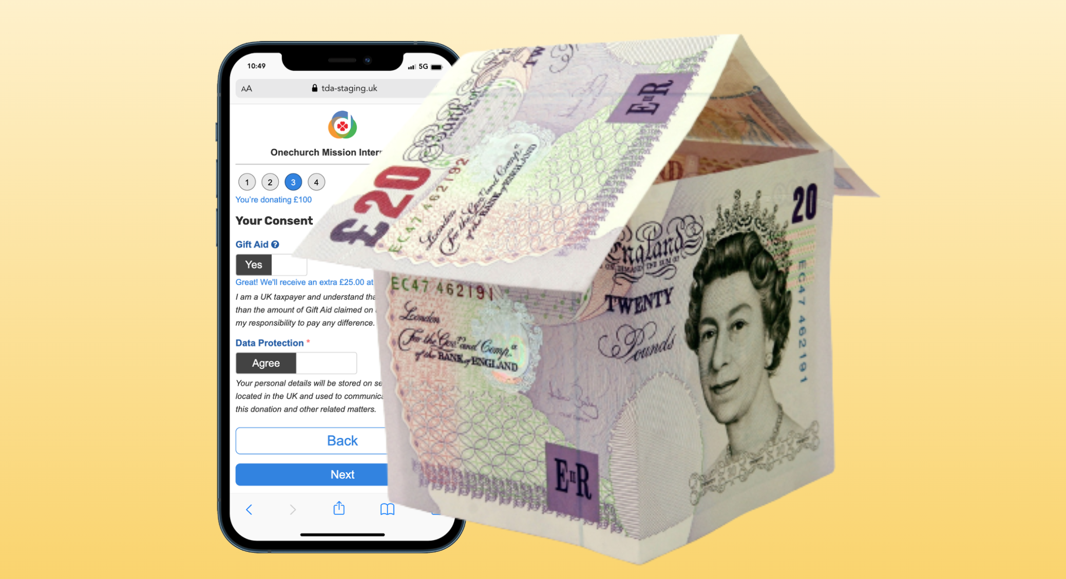 A smartphone with a donation webpage on the screen, next to a 20-pound British banknote folded over a 10-pound note, both appearing to be floating.