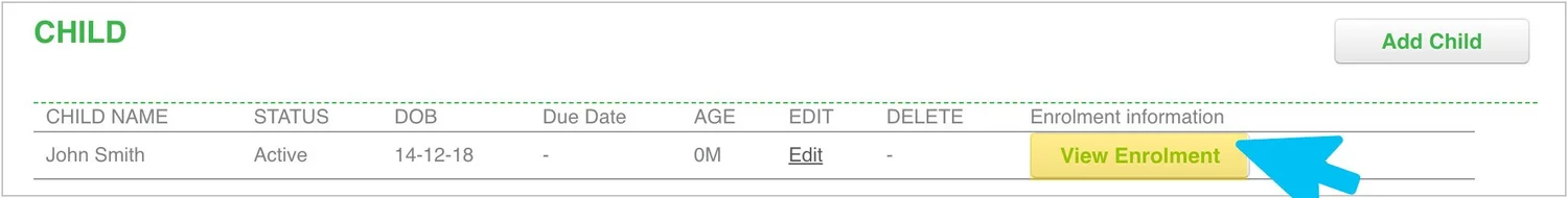My Family Lounge child record showing the View Enrolment button