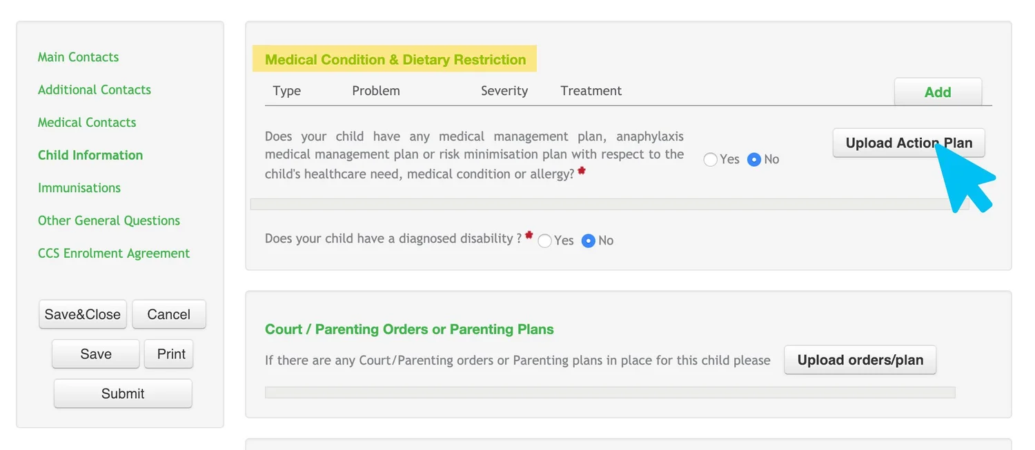 My Family Lounge enrolment form showing where to upload an action plan