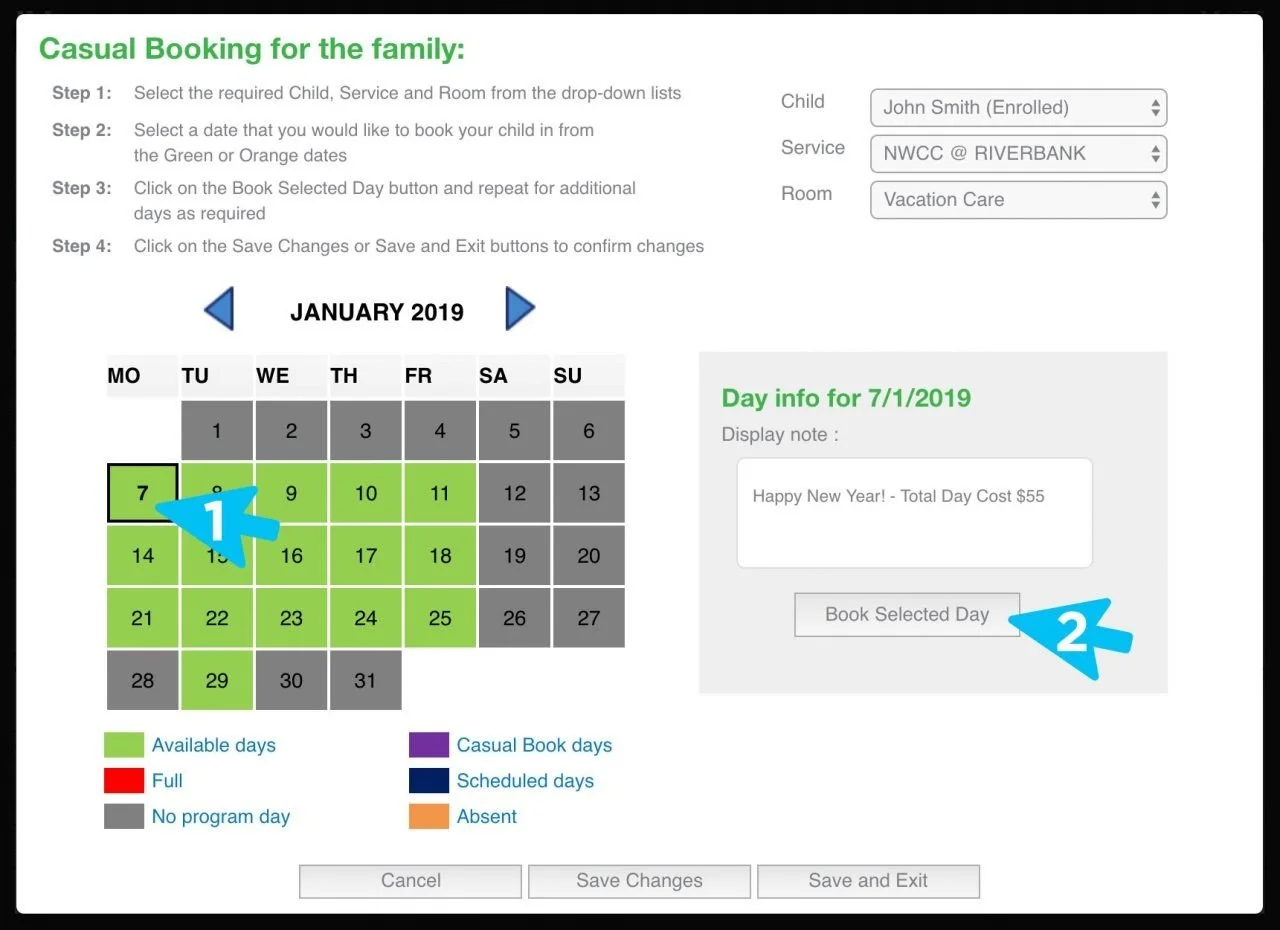 Vacation Care booking calendar and Book Selected Day button
