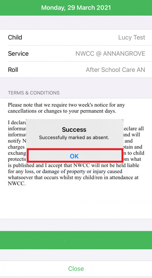 My Family Lounge absence confirmation screen