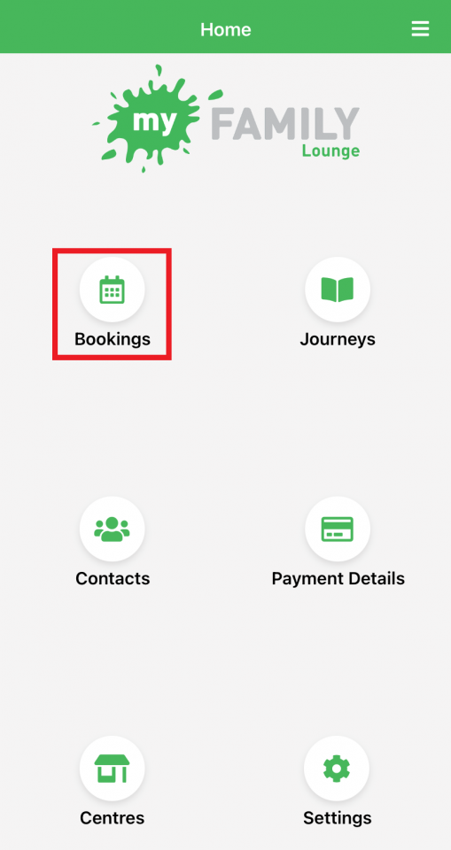 My Family Lounge home screen showing the Bookings icon