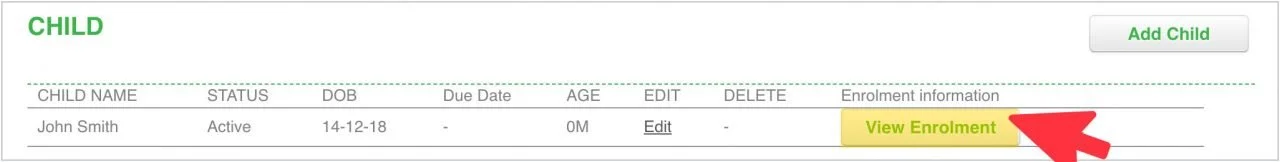 My Family Lounge child enrolment screen showing the View Enrolment button