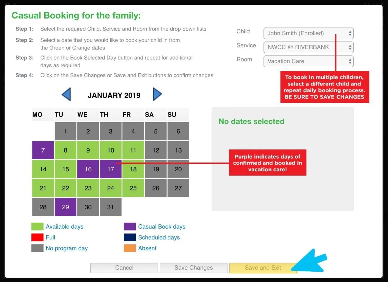 Vacation Care calendar with booked days and Save and Exit button