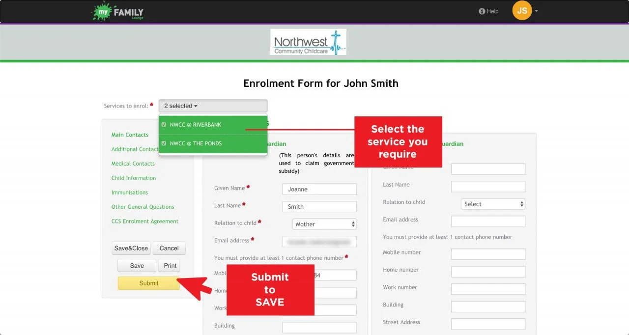 My Family Lounge enrolment form showing service selection and Submit button