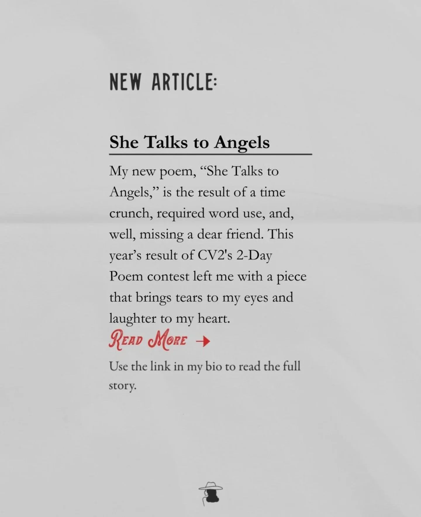 Every year I gleefully participate in the @cv2magazine 2-Day Poem contest, and every year I end up with a wonderfully rachet poem that manifests from the ugly side of my art and, after some adjustments and editing, parades around as what I can only c