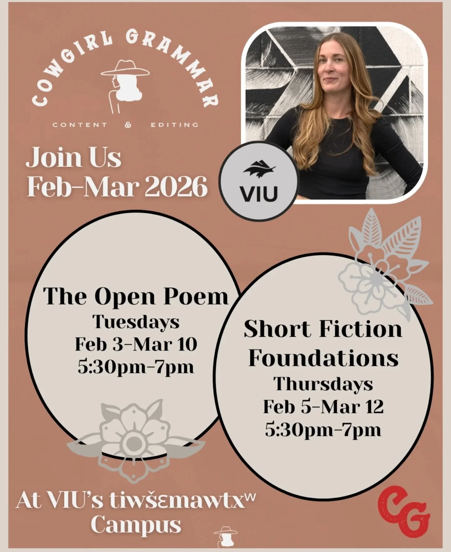 Starting the first week of February 2026 I will be hosting two separate 6-week long creative writing workshops at the tiw&scaron;ɛmawtxʷ Vancouver Island University campus!

Sign up for "Short Fiction Foundations" or "The Open Poem&quo