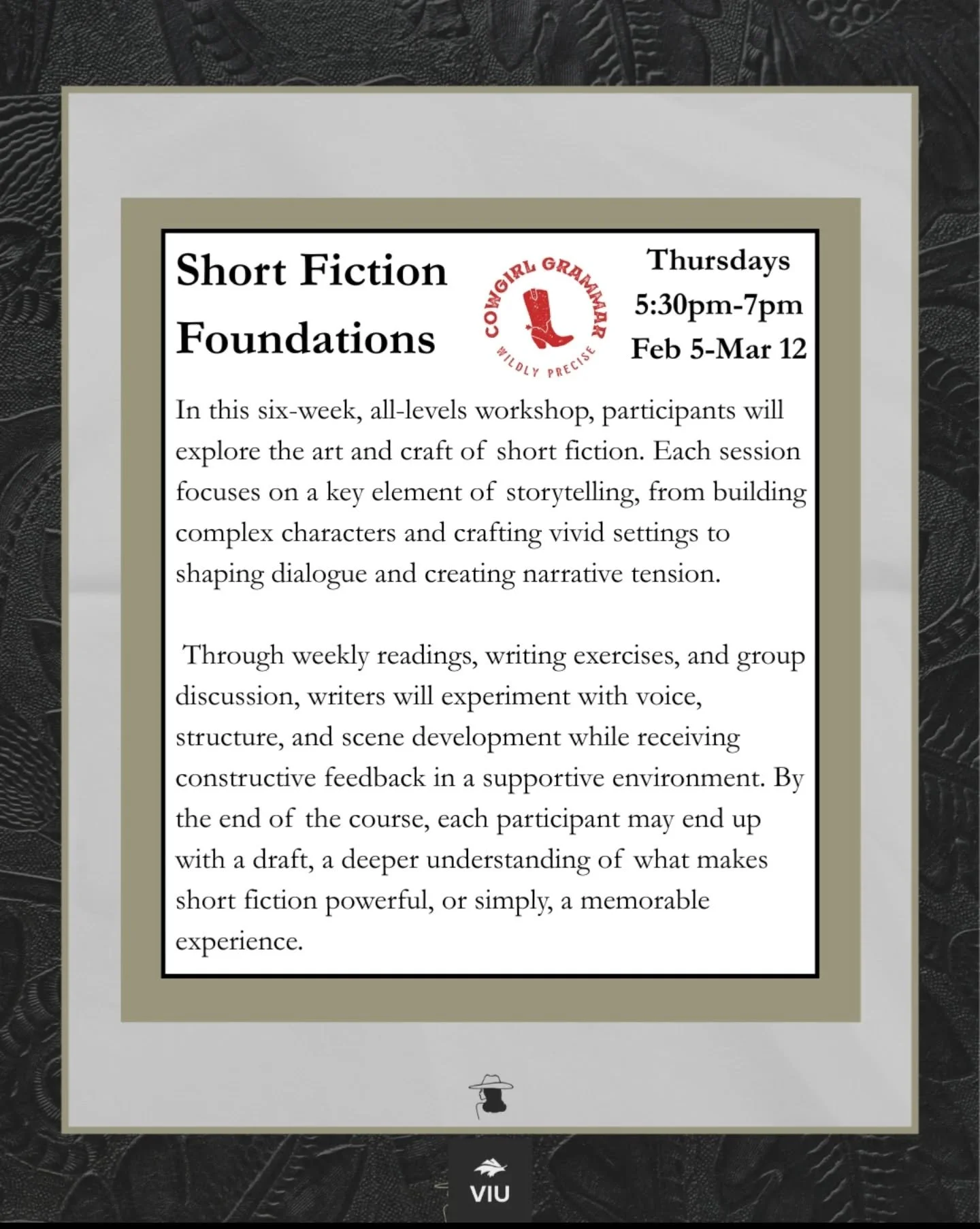 Introducing Short Fiction Foundations! Join us every Thursday from February 5th to March 12th for this six-week, all-levels workshop.

Each session will focus on a key element of storytelling, from characters and settings to dialogue and POV. 

Learn