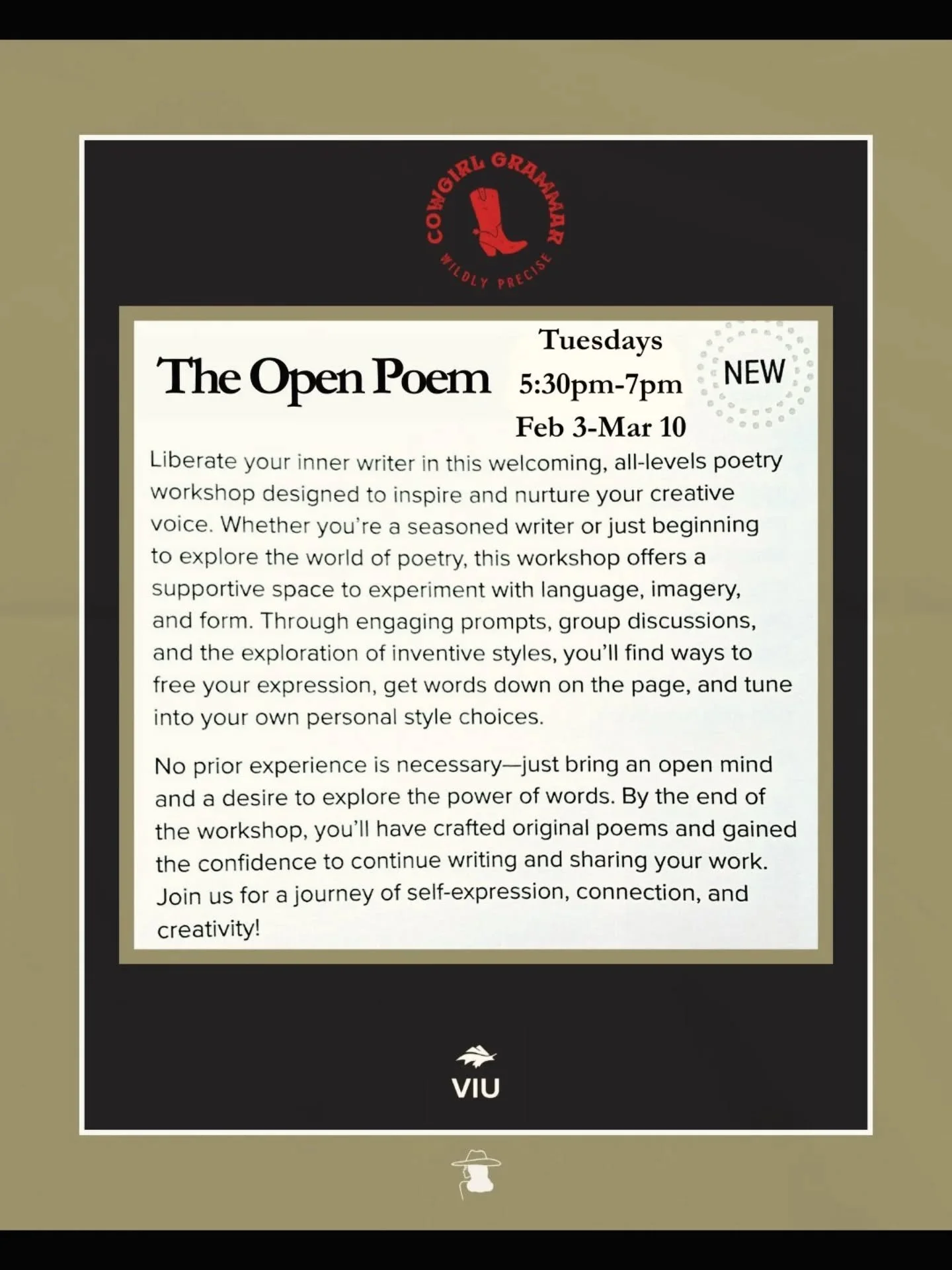 The Open Poem is back! After a successful fall workshop, this 6-week course will be running every Tuesday from February 3rd to March 10, 2026.

Designed to be casual and fun, this community workshop will dig into the art of poetic expression - withou