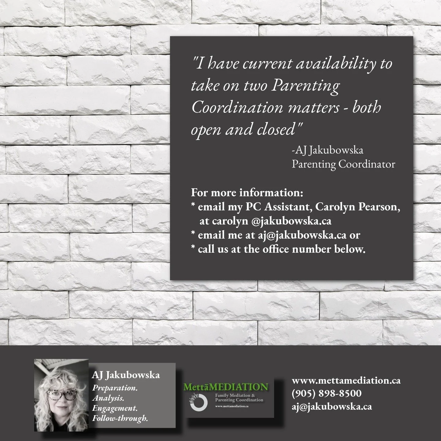 Availability update.
#mettamediation #parentingcoordination #disputeresolution #parenting #familydisputeresolution