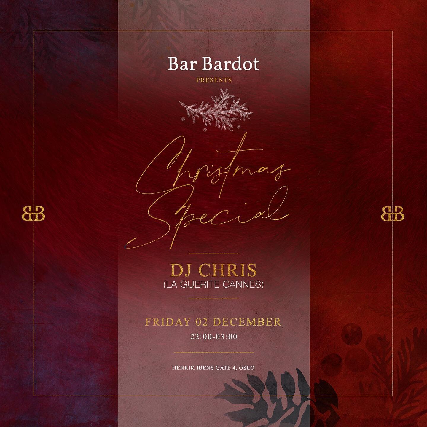 Bar Bardot presenterer:
CHRISTMAS SPECIAL 
w/ Dj Chris som flys inn for kvelden⚡️
Fredag 02.desember fra 22.00 - sees der!!
Book bord via v&aring;re hjemmesider n&aring;⭐️