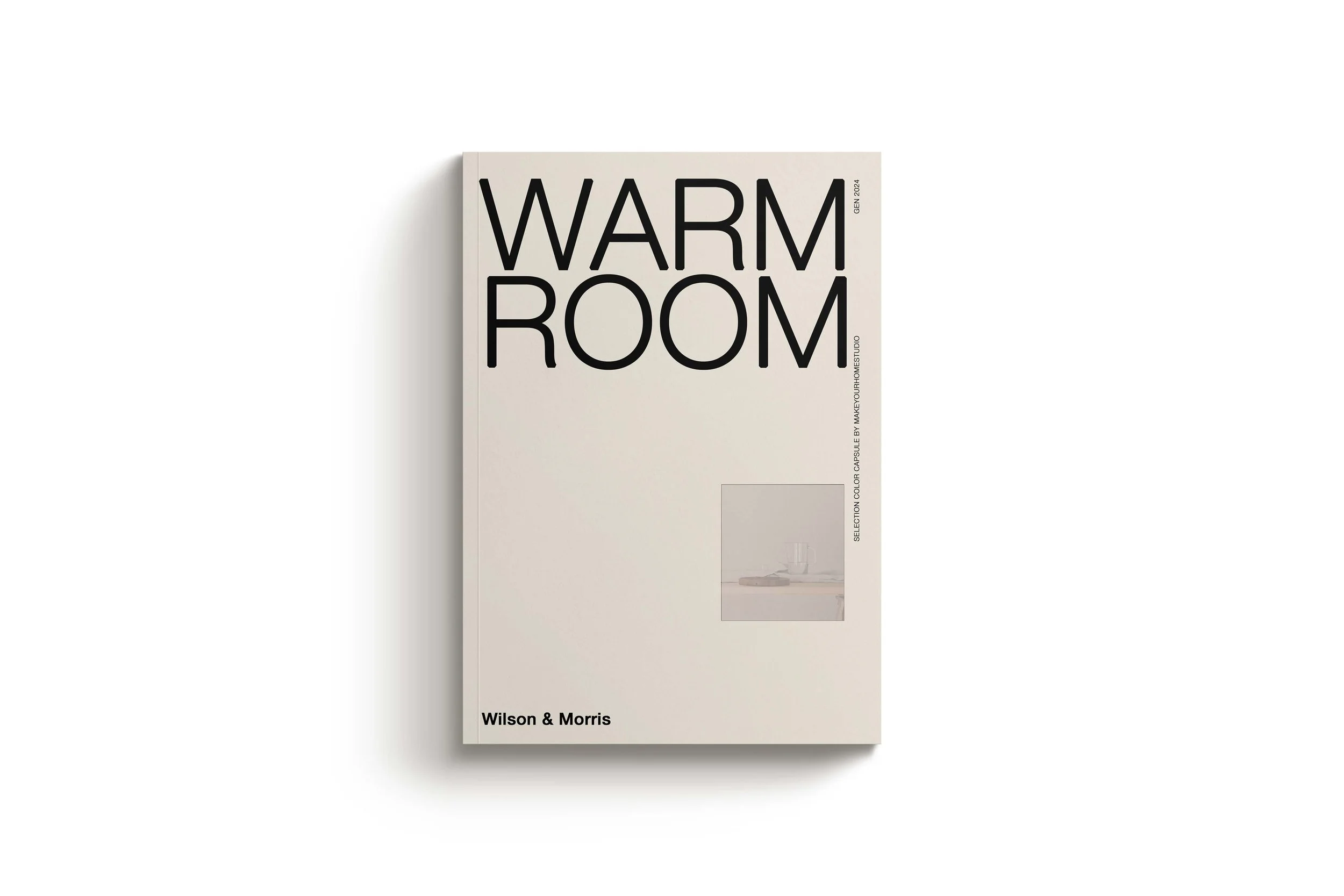 Copertina di un libro intitolato 'Warm Room' di Wilson & Morris, con uno stile minimalista e colori neutri.
