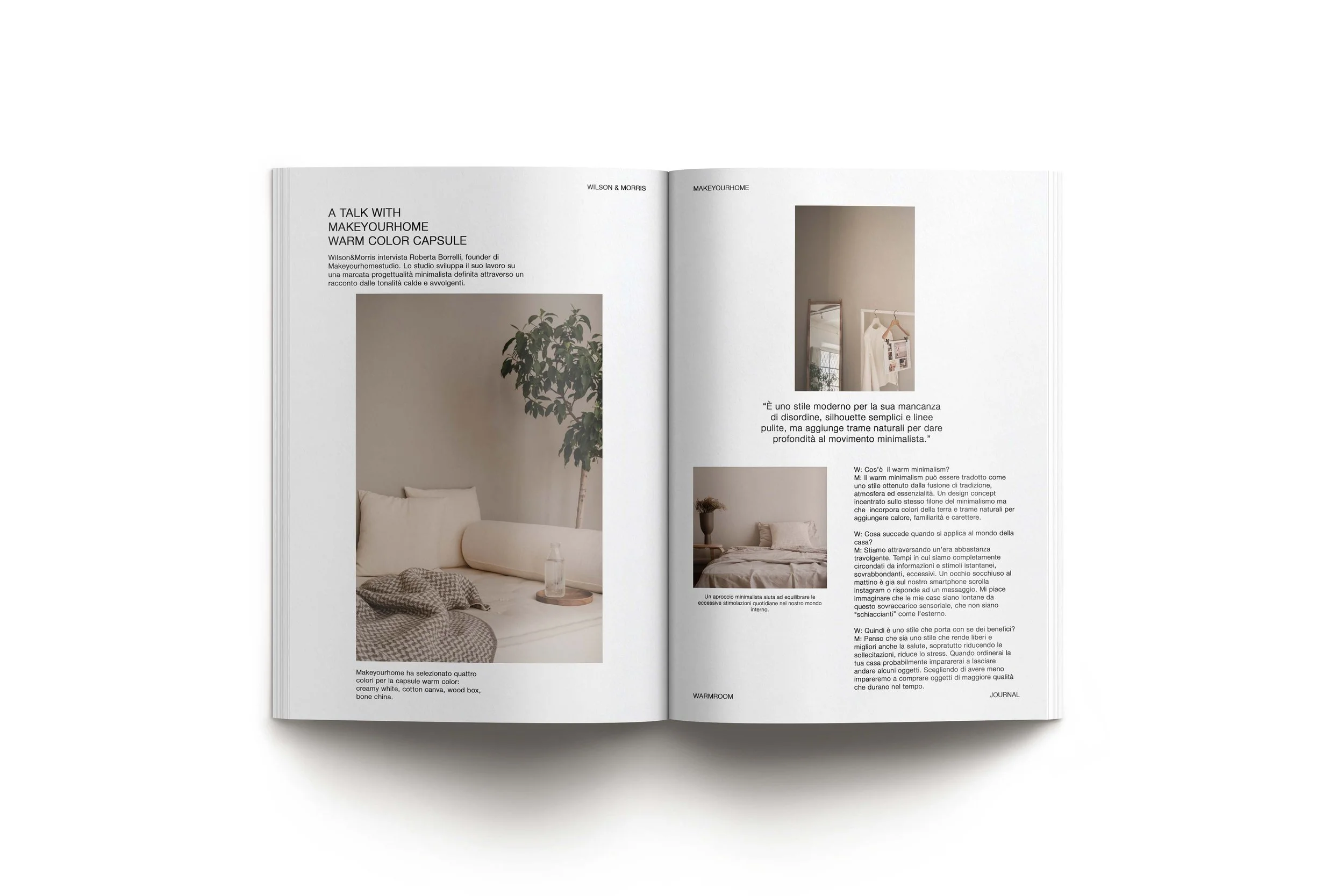 Pagina di una rivista con testo in italiano e immagini di interni di una stanza arredata in stile minimalista, con letto, specchio e decorazioni semplici ai toni neutri.
