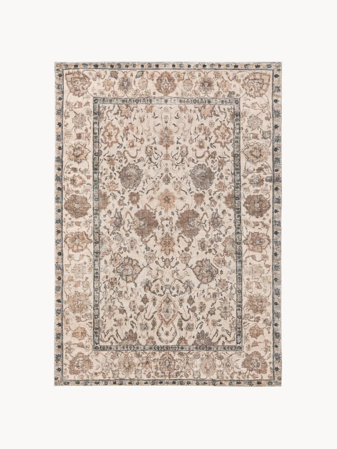 Tappeto persiano con motivo floreale in tonalità beige, grigio e marrone.