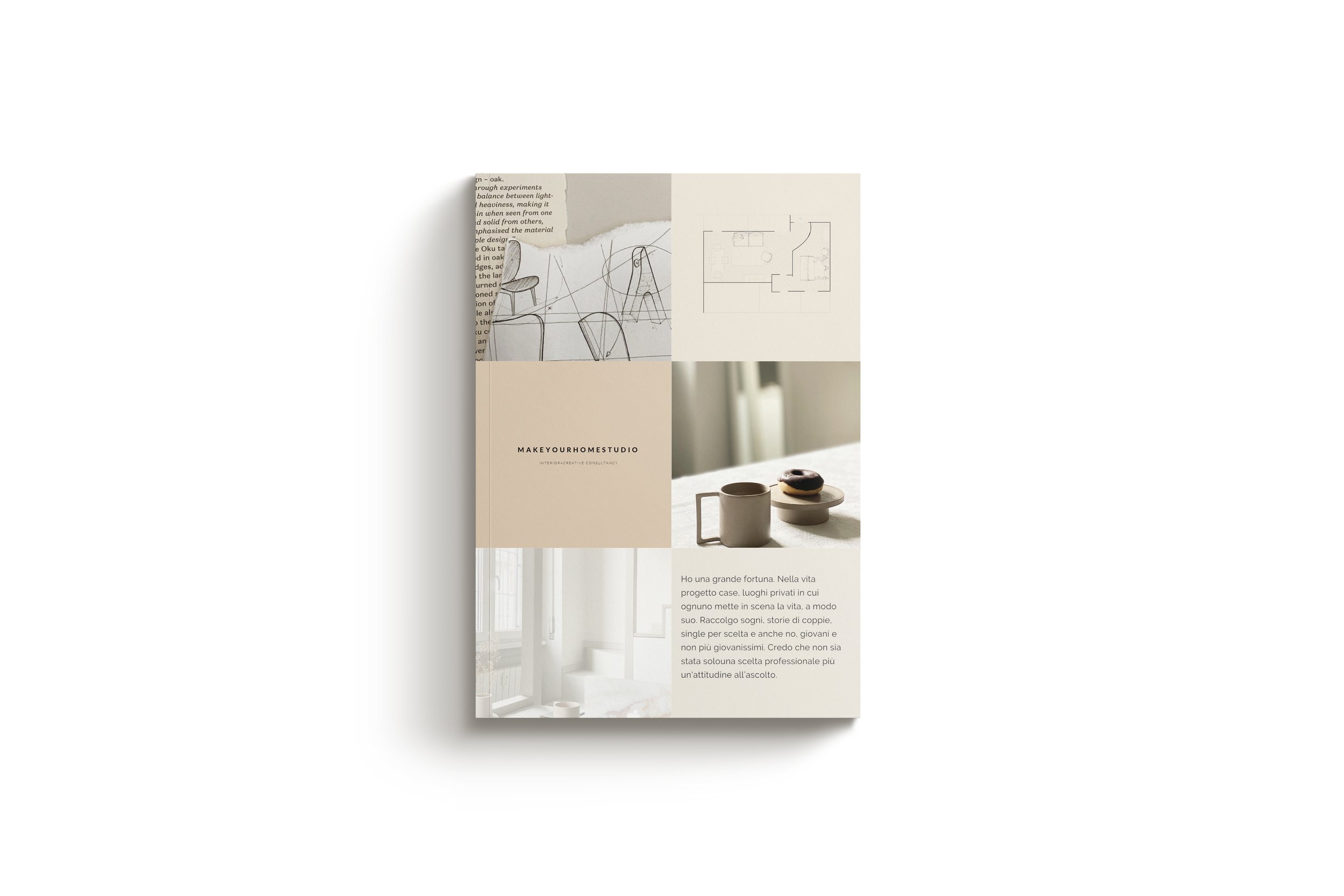 Brochure di interior design e architettura con immagini di schizzi, planimetrie, una tazza, e una stanza luminosa con tende.