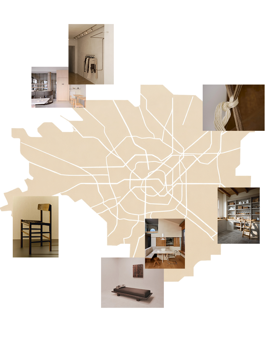Mappa di Parigi con varie immagini di interni di casa e dettagli di arredi e tessuti