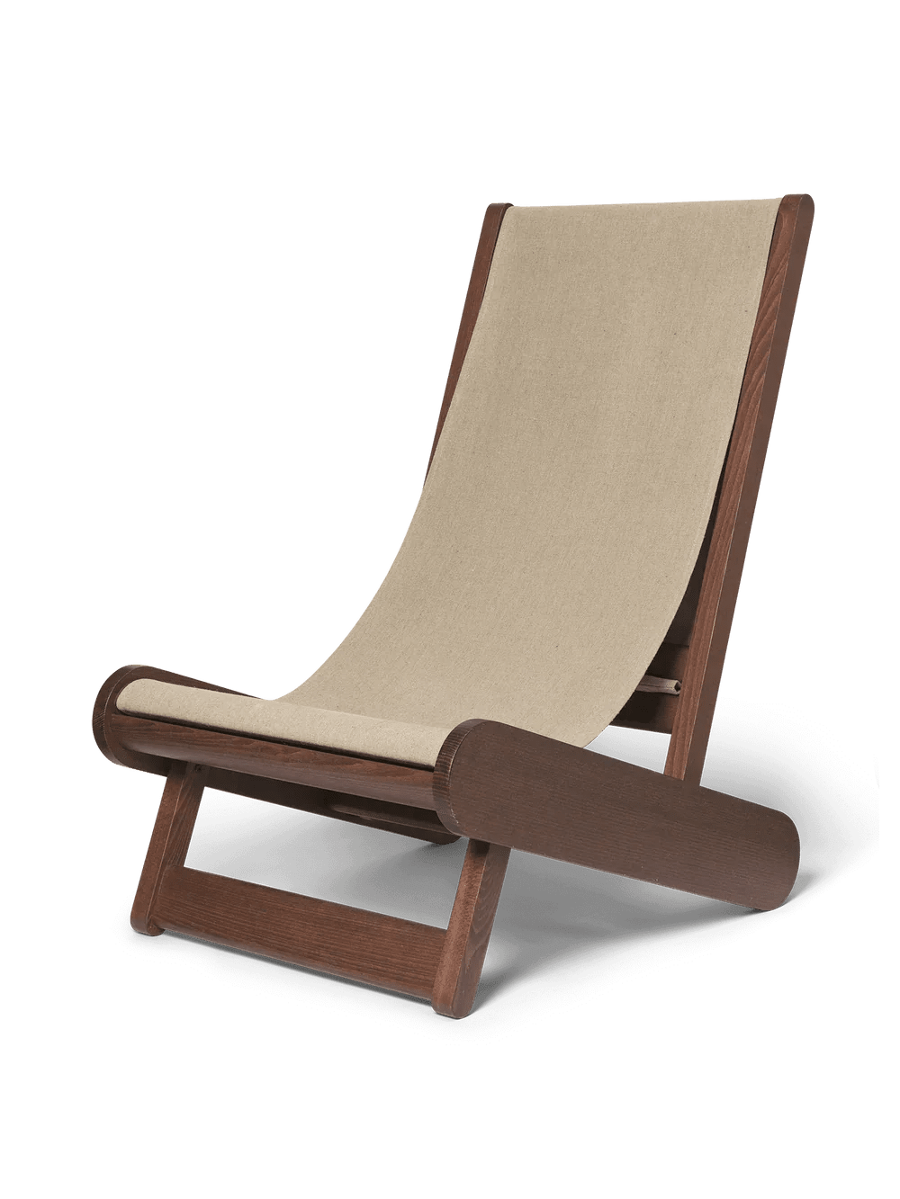 Sedia a dondolo in legno con schienale e seduta rivestiti in tessuto beige.