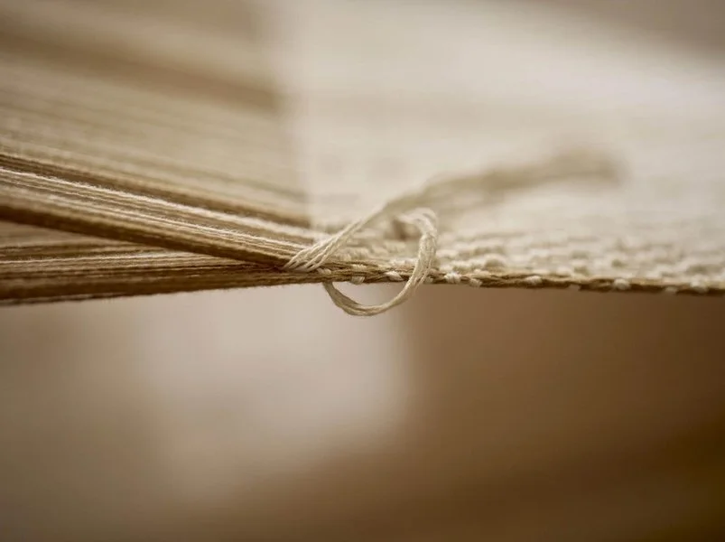 Dettaglio di una pagina di un libro con una cordicella di carta aperta.